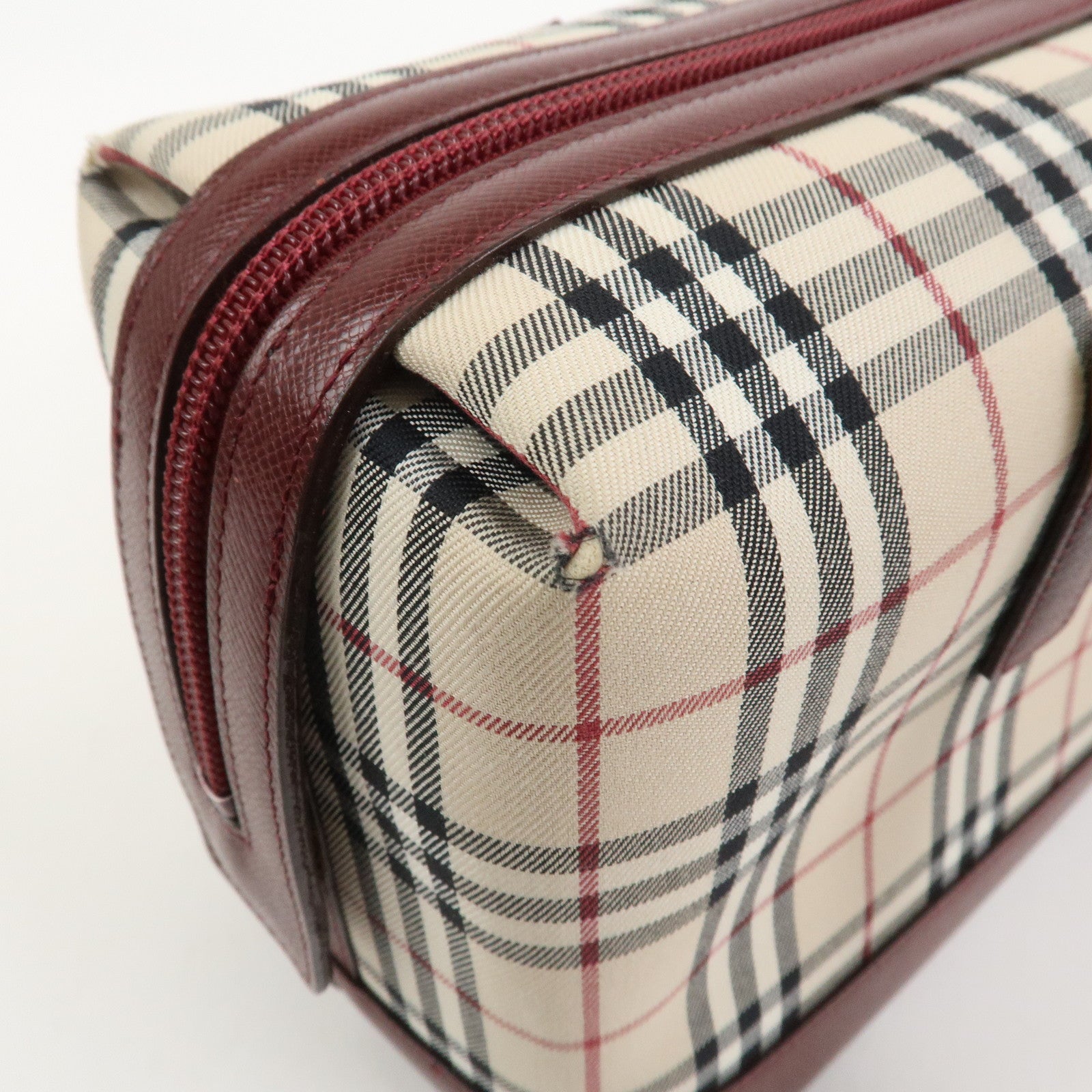 BURBERRY Nova Plaid Canvas Leather Shoulder Hand Bag Beige Bordeaux