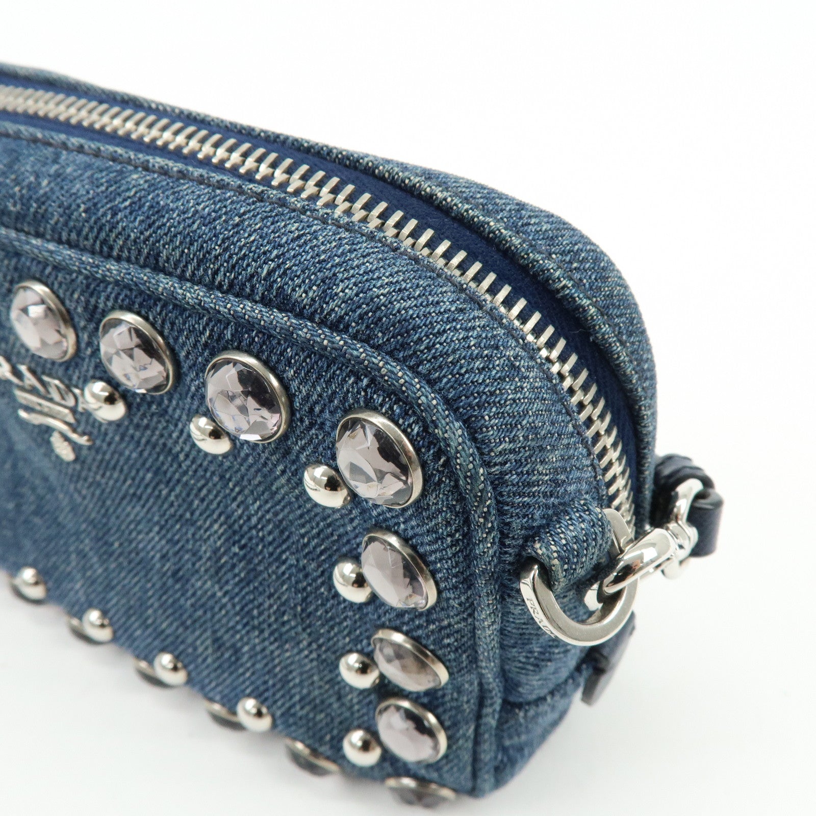PRADA Logo Denim Shoulder Bag Crossbody Bag Rhinestone Blue