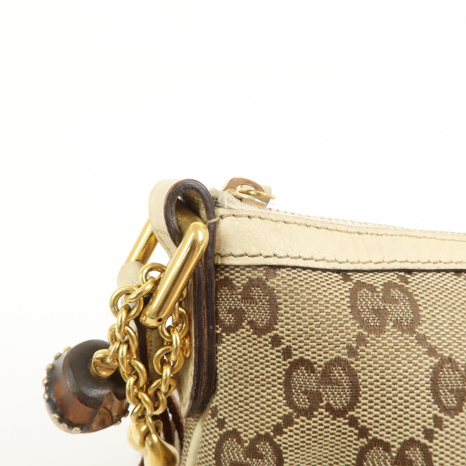 GUCCI Bamboo GG Canvas Leather Cosmetic Pouch Clutch Beige 159913