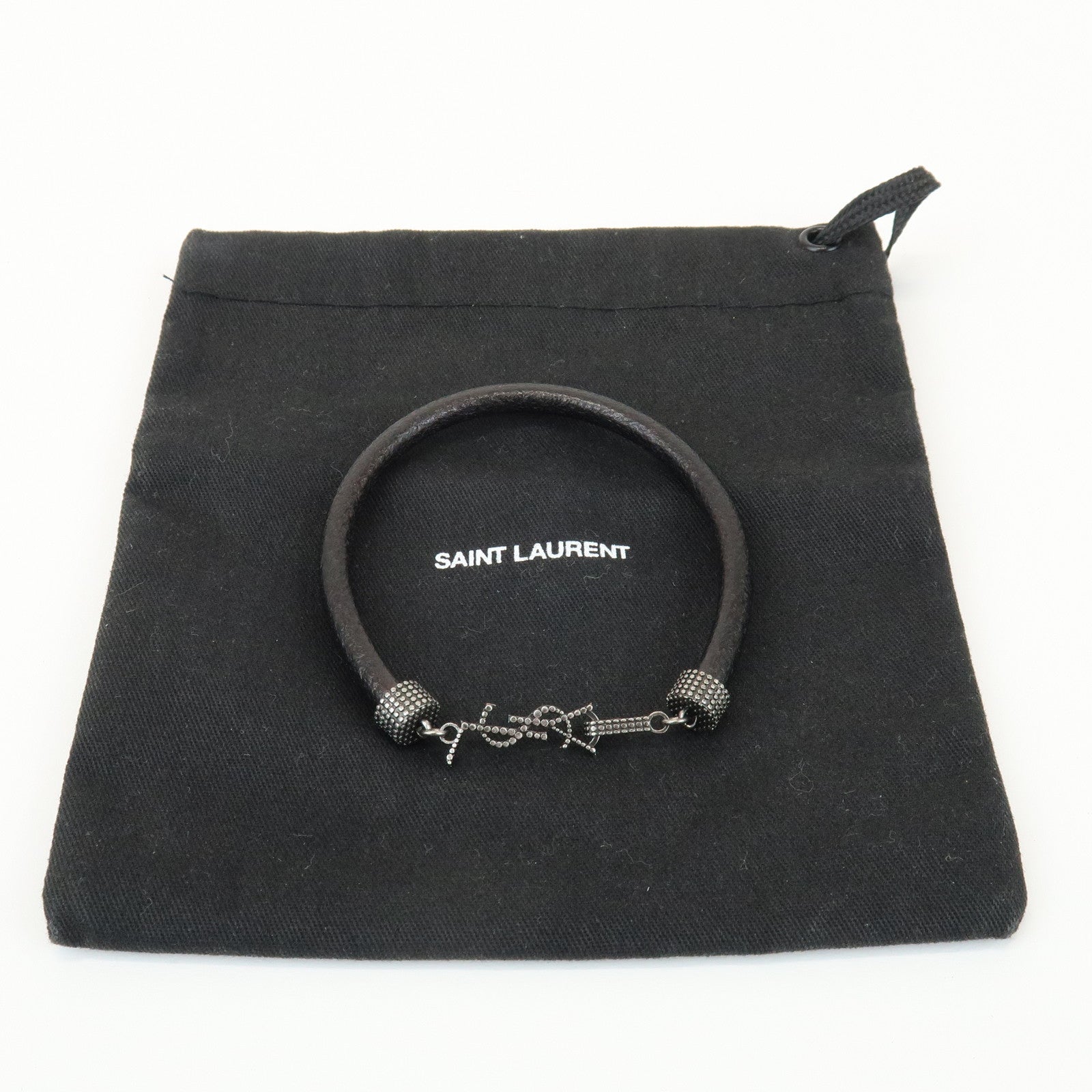SAINT LAURENT Leather Metal Cassandre Bracelet Black