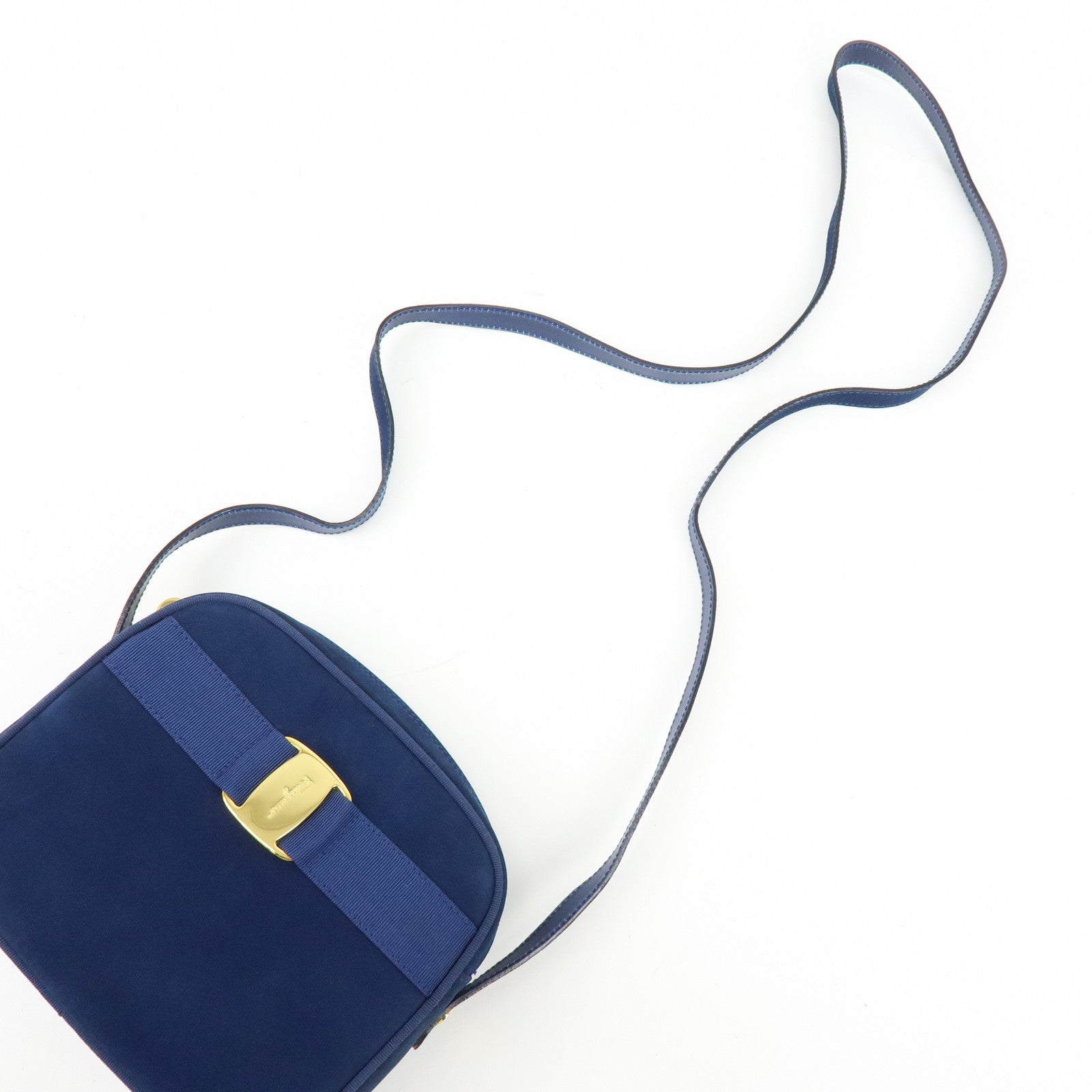 Ferragamo Vara Suede Shoulder Bag Crossbody Bag Camera Bag Navy