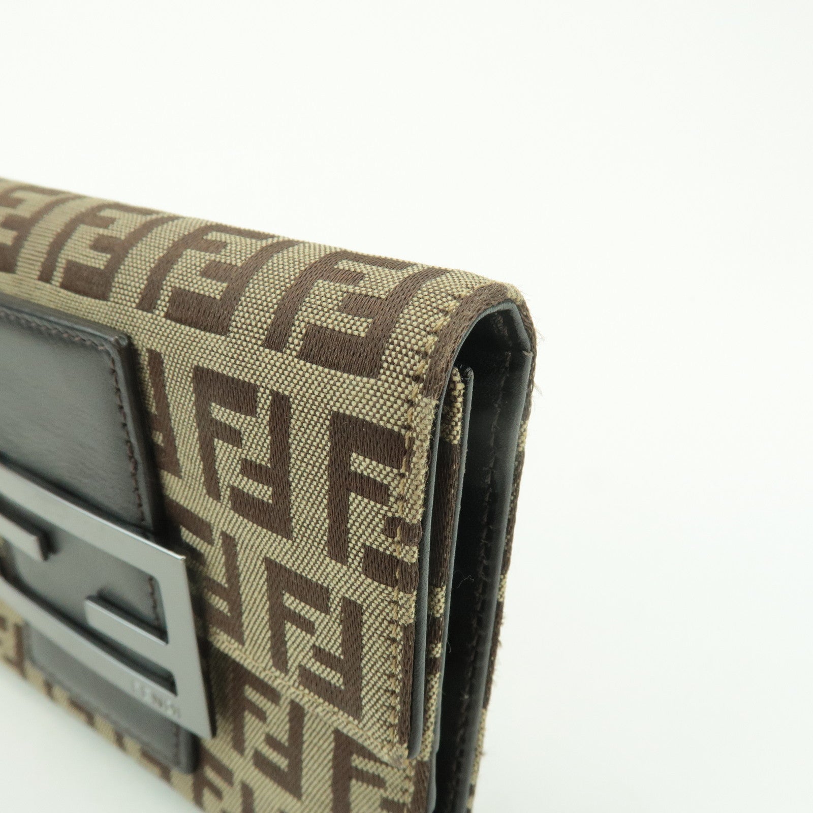FENDI Zucchino Canvas Leather Tri-fold Wallet Beige Brown 8M0023 Used