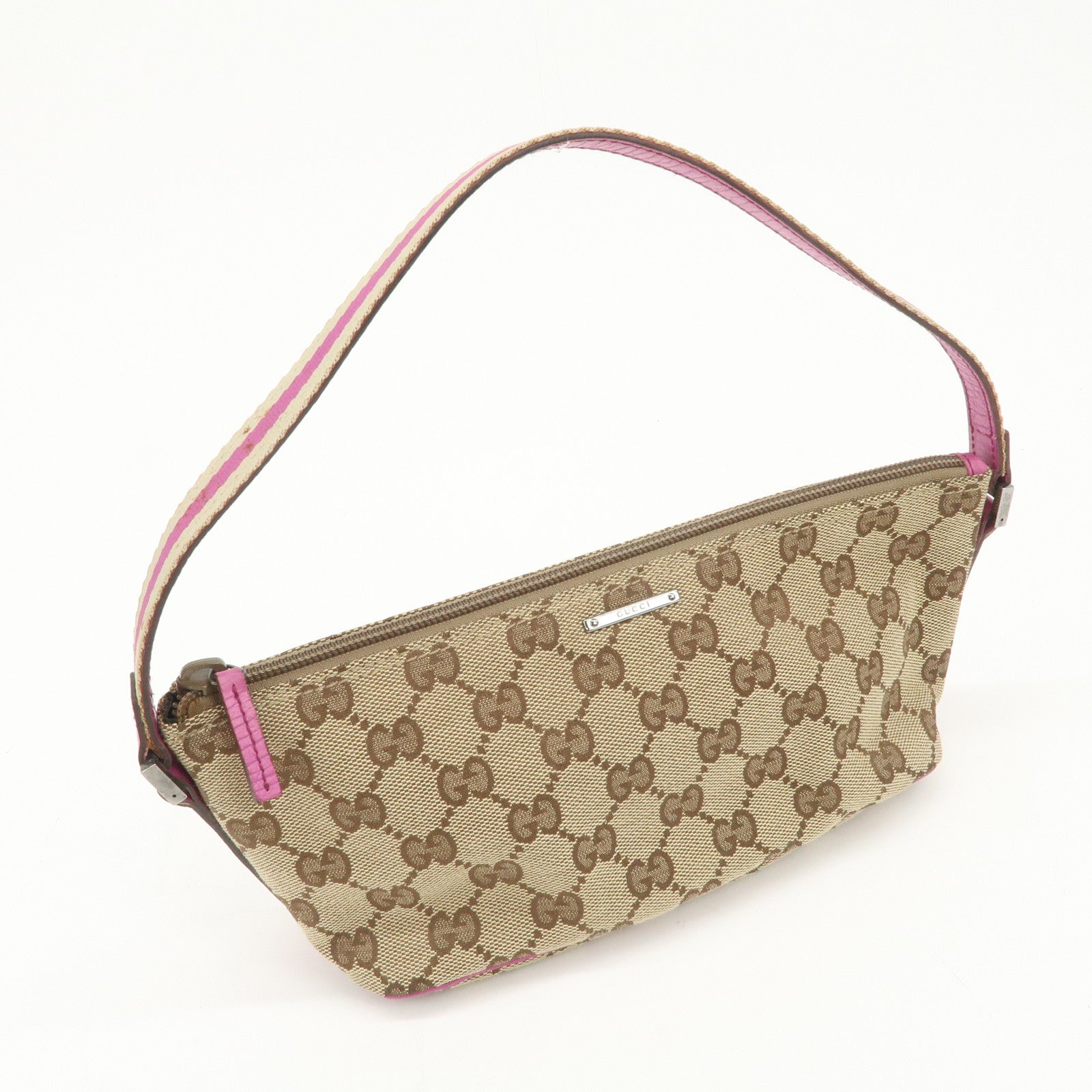 GUCCI Boat Bag Sherry GG Canvas Leather Hand Bag Pouch Brown 141809