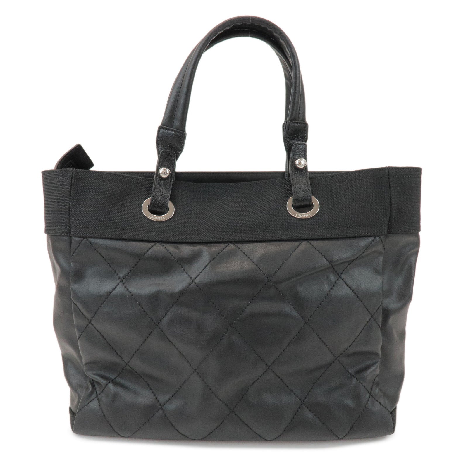 CHANEL Paris Biarritz MM Leather Canvas Tote Bag Black A34209