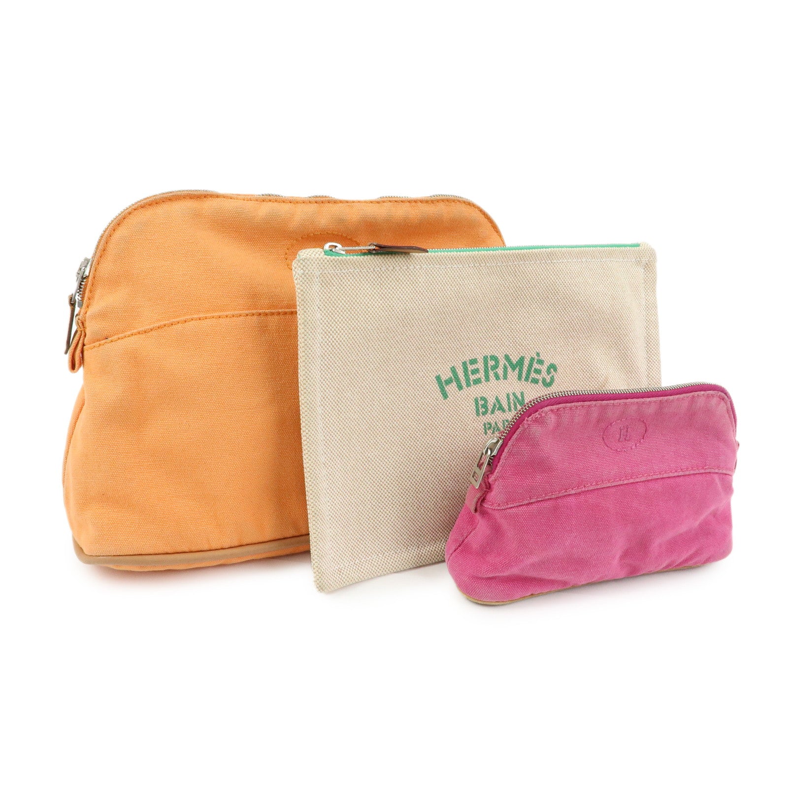 HERMES Bolide Set of 3 Canvas Pouch Cosmetic Case Orange Pink Beige