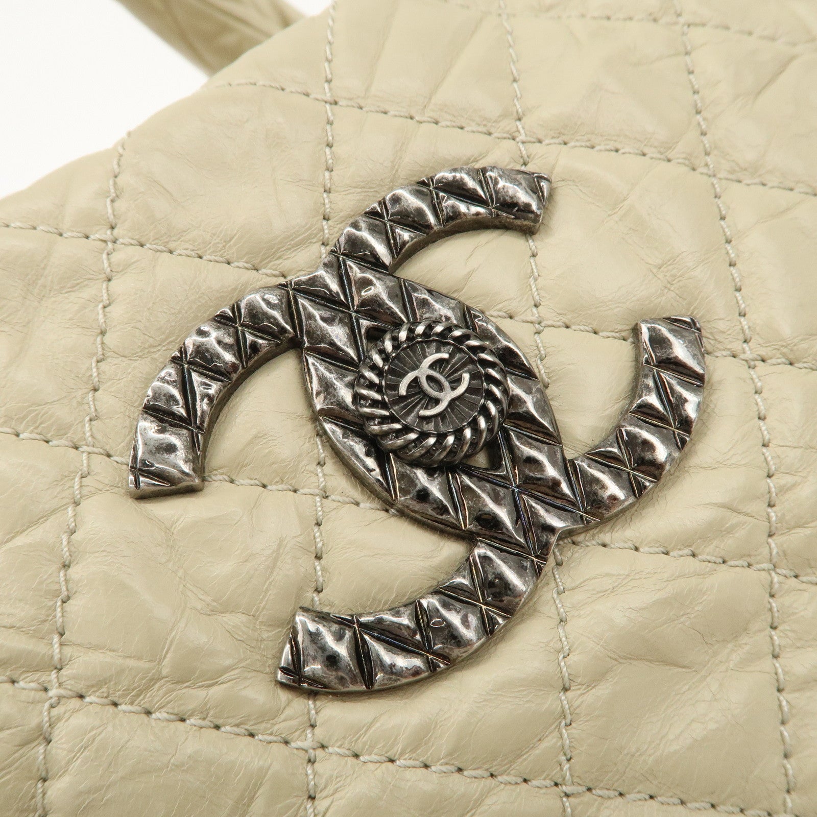 CHANEL Matelasse Leather COCO Mark Boston Bag Ivory Used