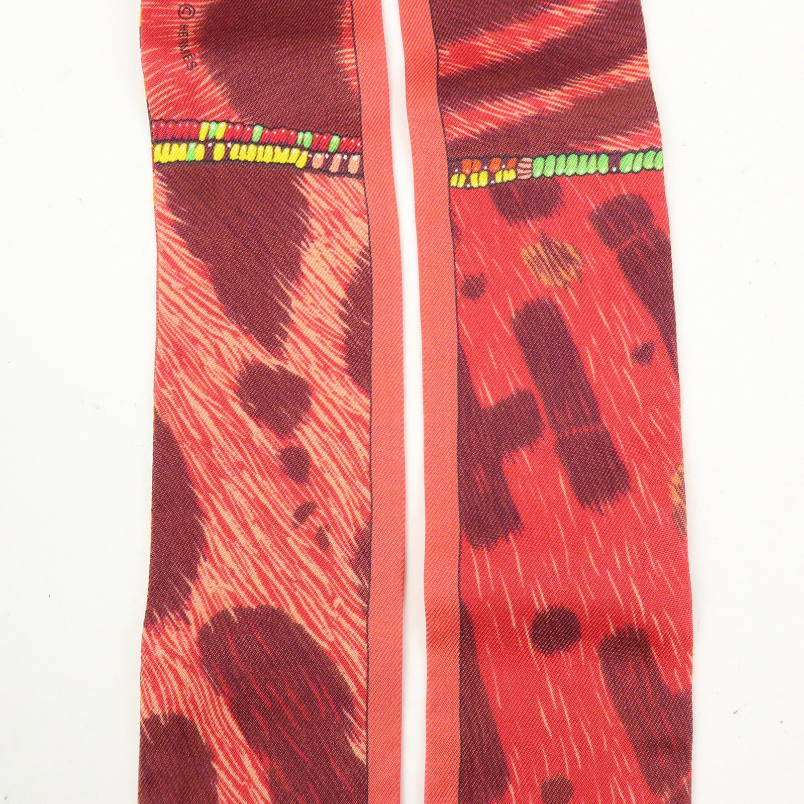 HERMES Twilly Silk 100% Scarf PELAGES ET CAMOUFLAGE Orange Red