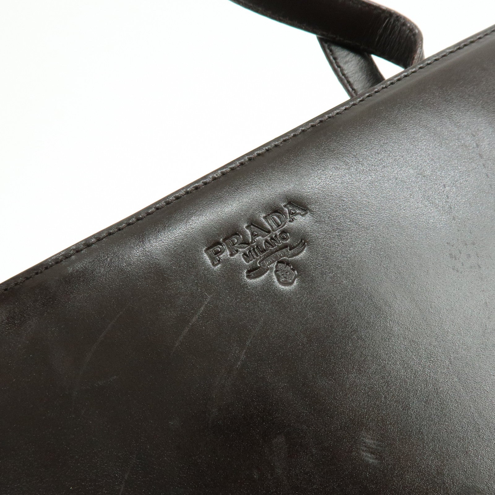 PRADA Logo Leather Tote Bag Shoulder Bag Dark Brown