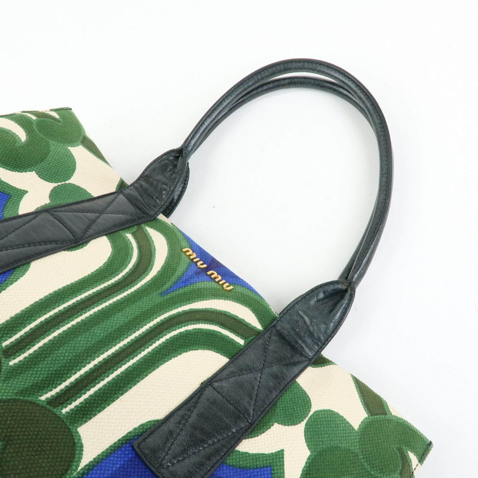 MIU MIU Canvas Leather Tote Bag Hand Bag Green Natural