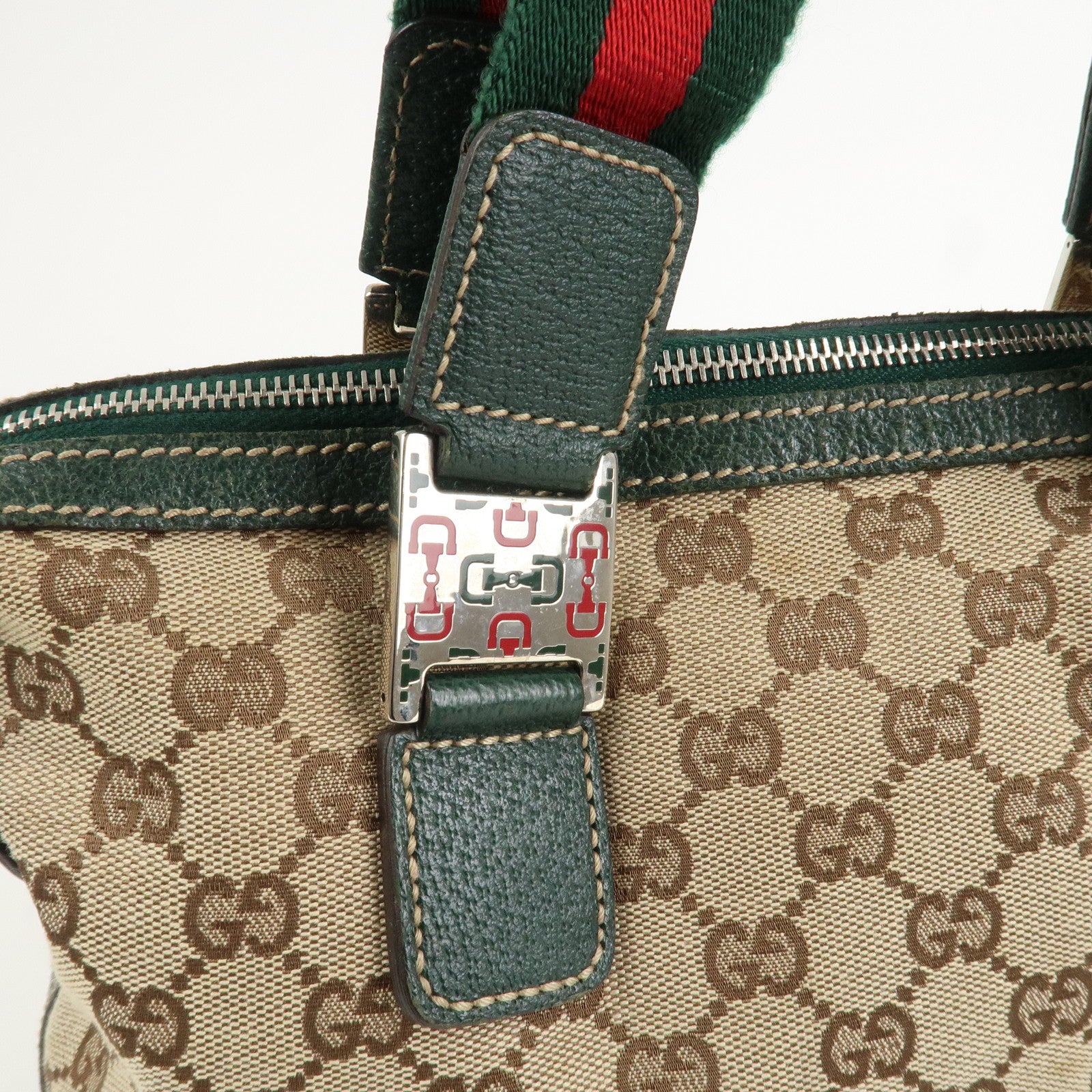 GUCCI Sherry GG Canvas Leather Hand Bag Beige Green 145759