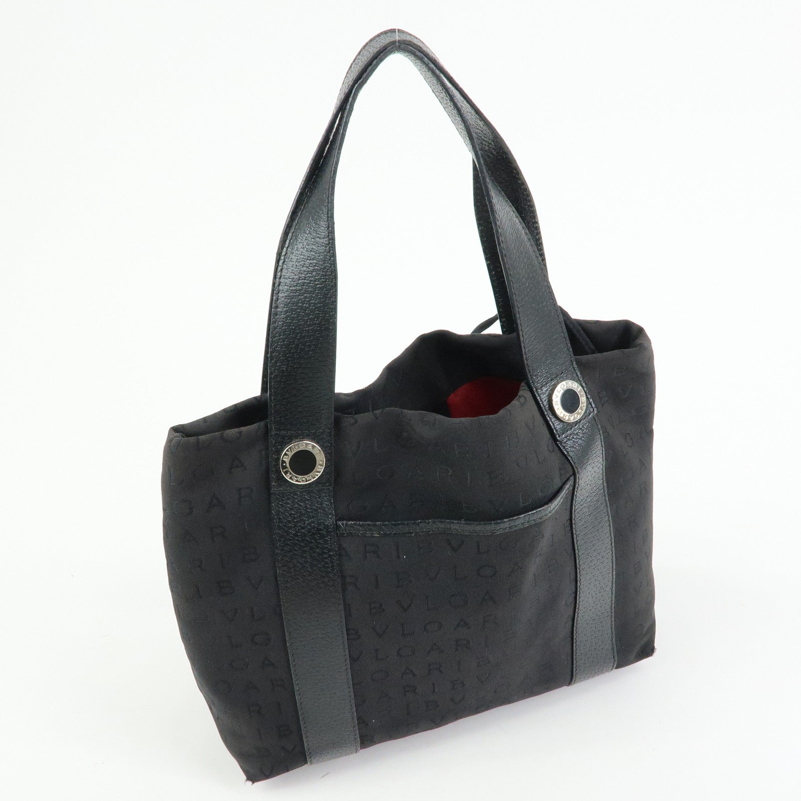 BVLGARI Logo Mania Canvas Leather Tote Bag Hand Bag Black