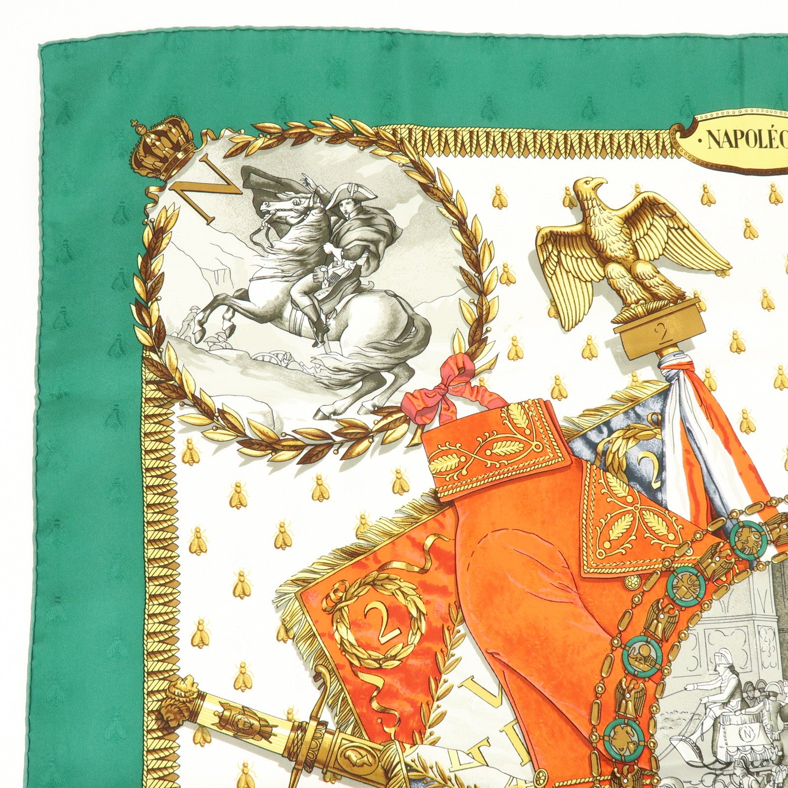 HERMES Carre 90 Silk 100% Scarf NAPOLEON Green White Red