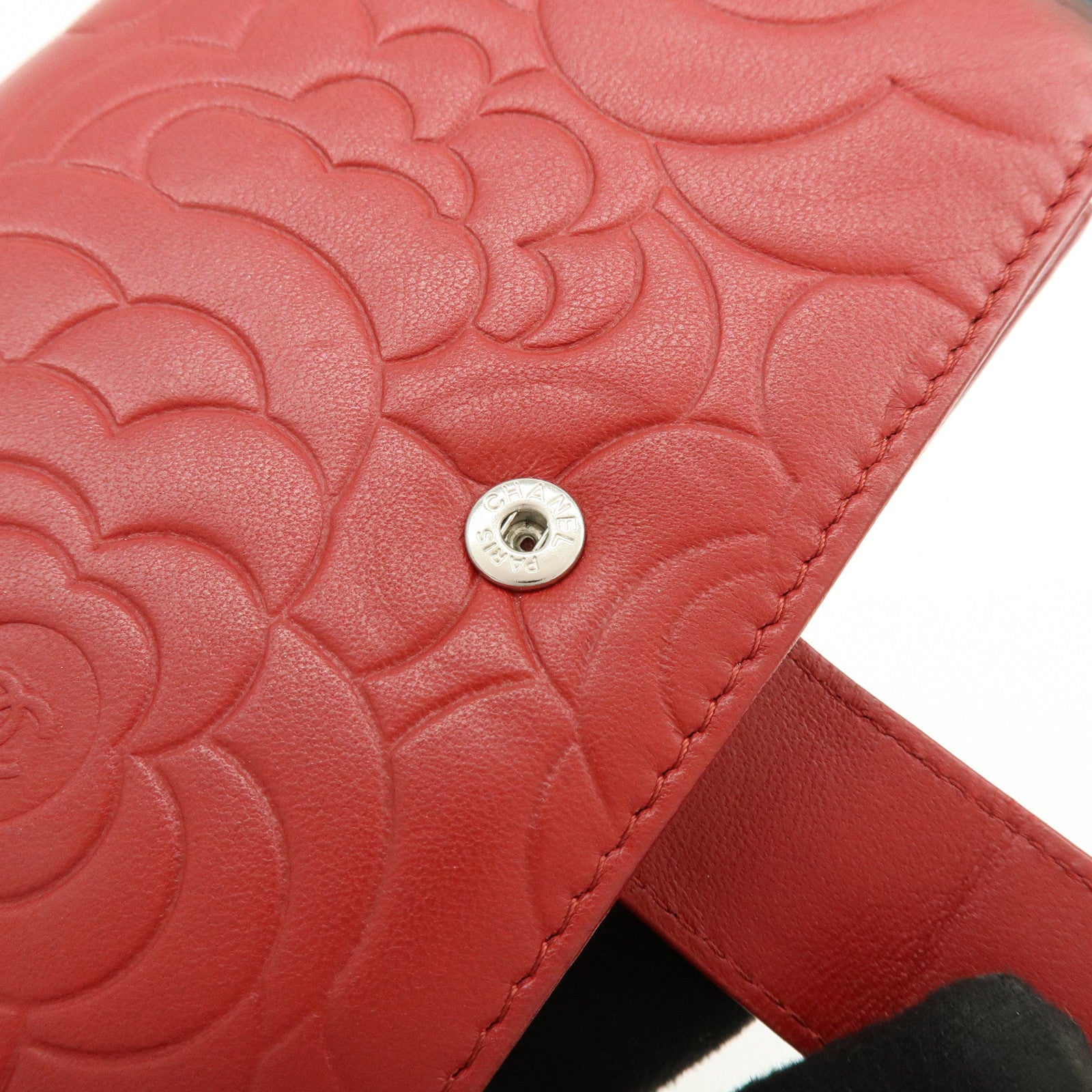 CHANEL Camellia COCO Mark Lamb Skin Bi-fold Compact Wallet Red