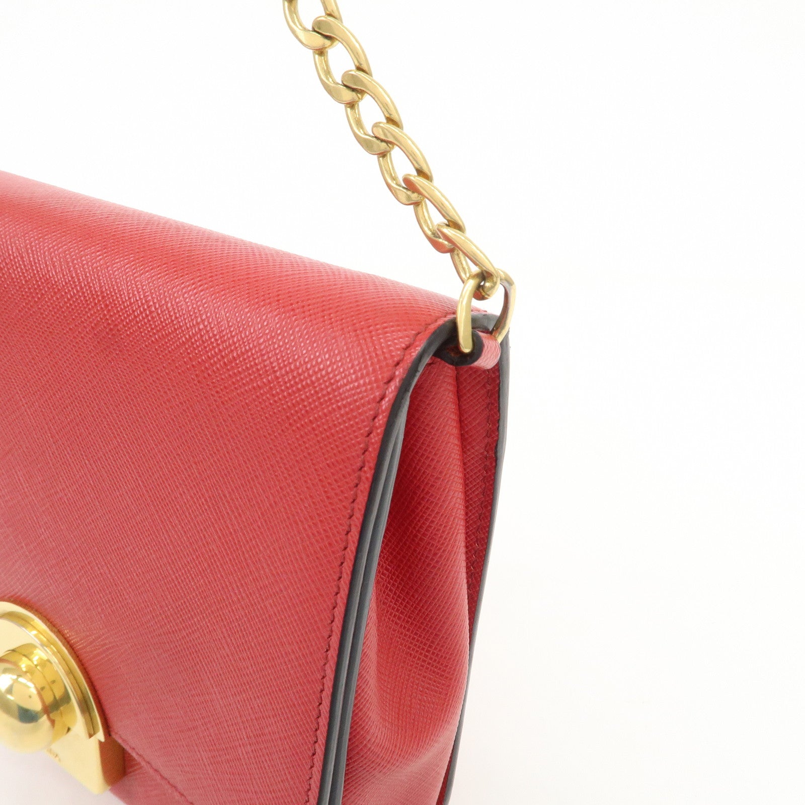 PRADA Logo Saffiano Leather Chain Shoulder Bag Red 1BH007