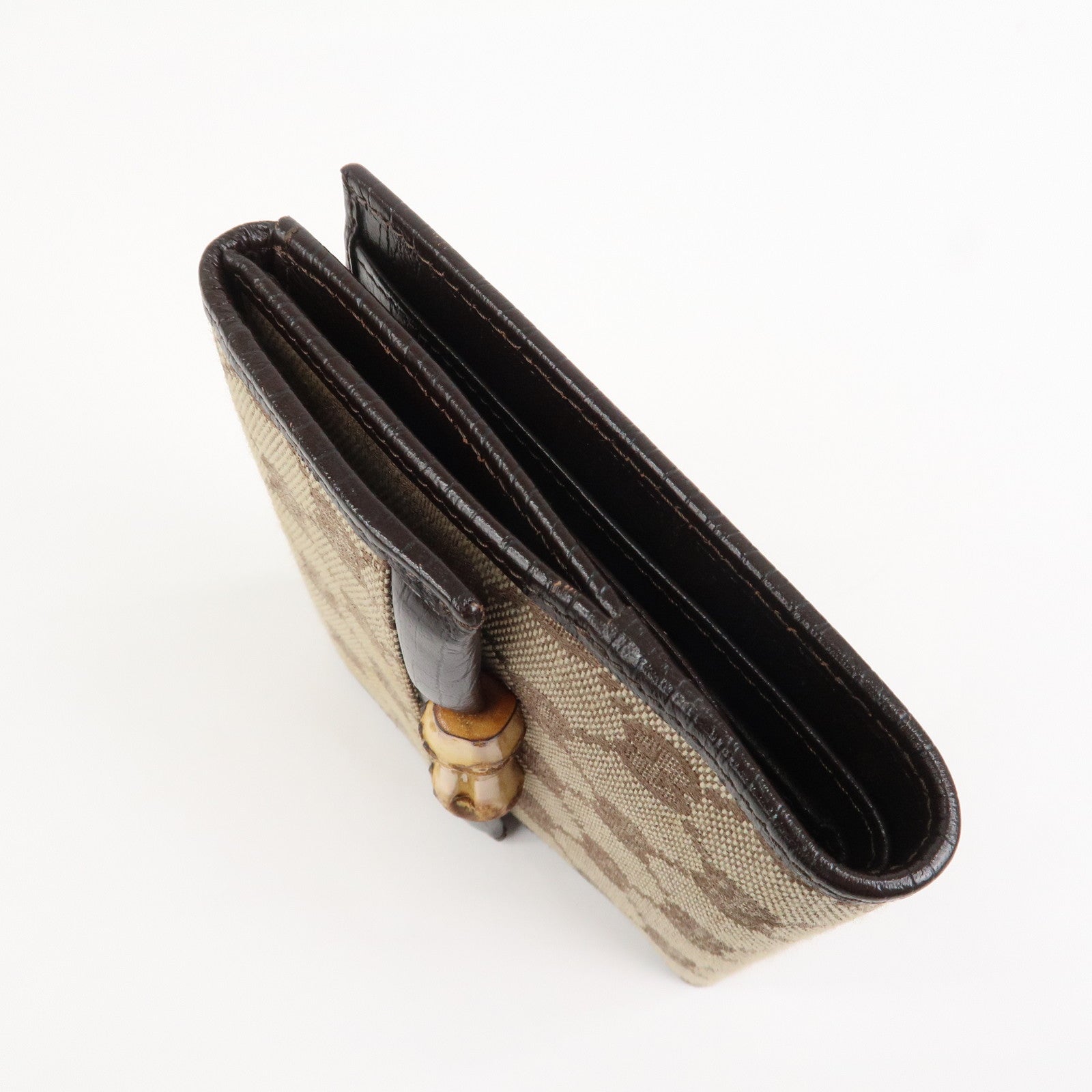 GUCCI Bamboo GG Canvas Leather W Hook Compact Wallet Beige 112521