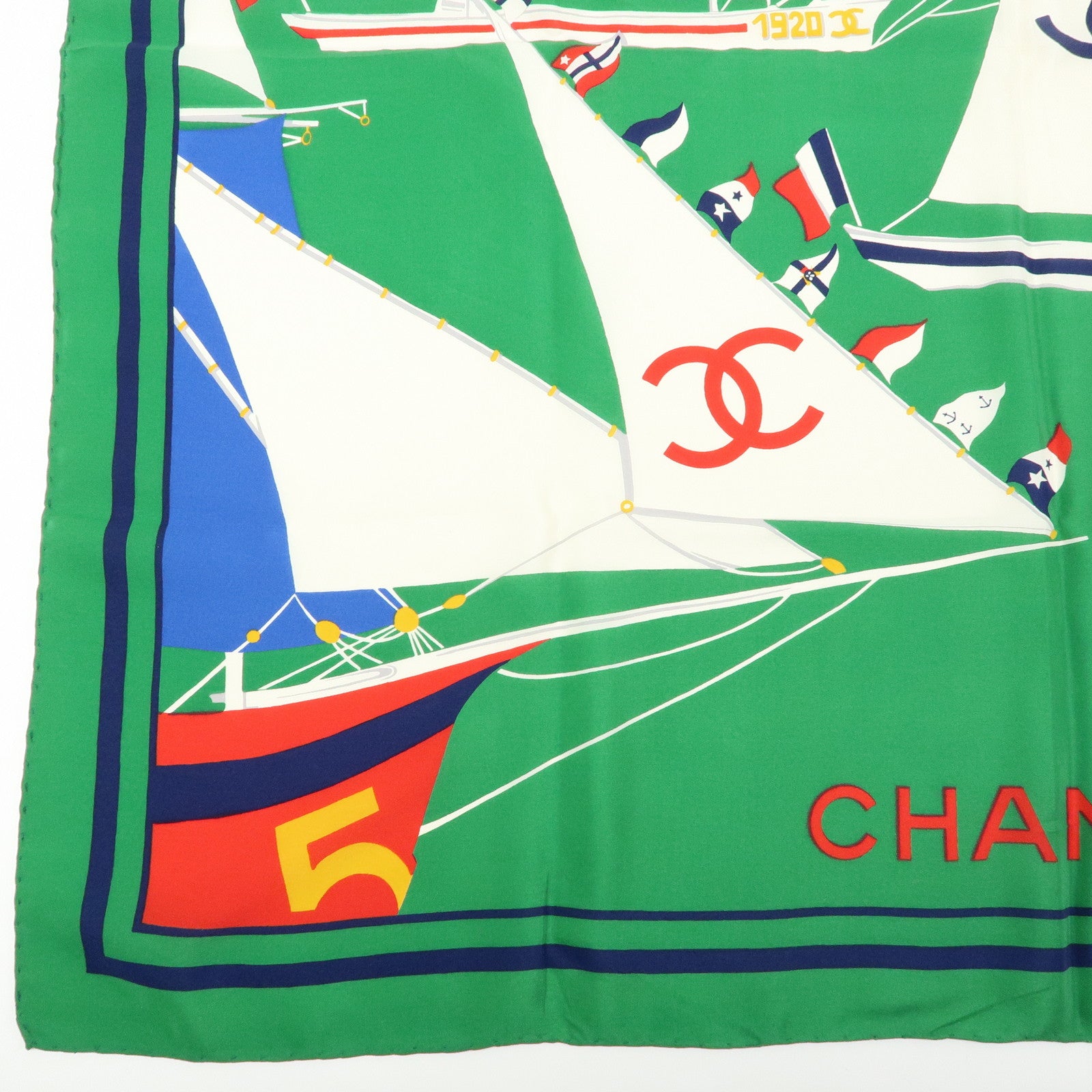 CHANEL COCO Mark Silk100% Scarf Green Navy White Red