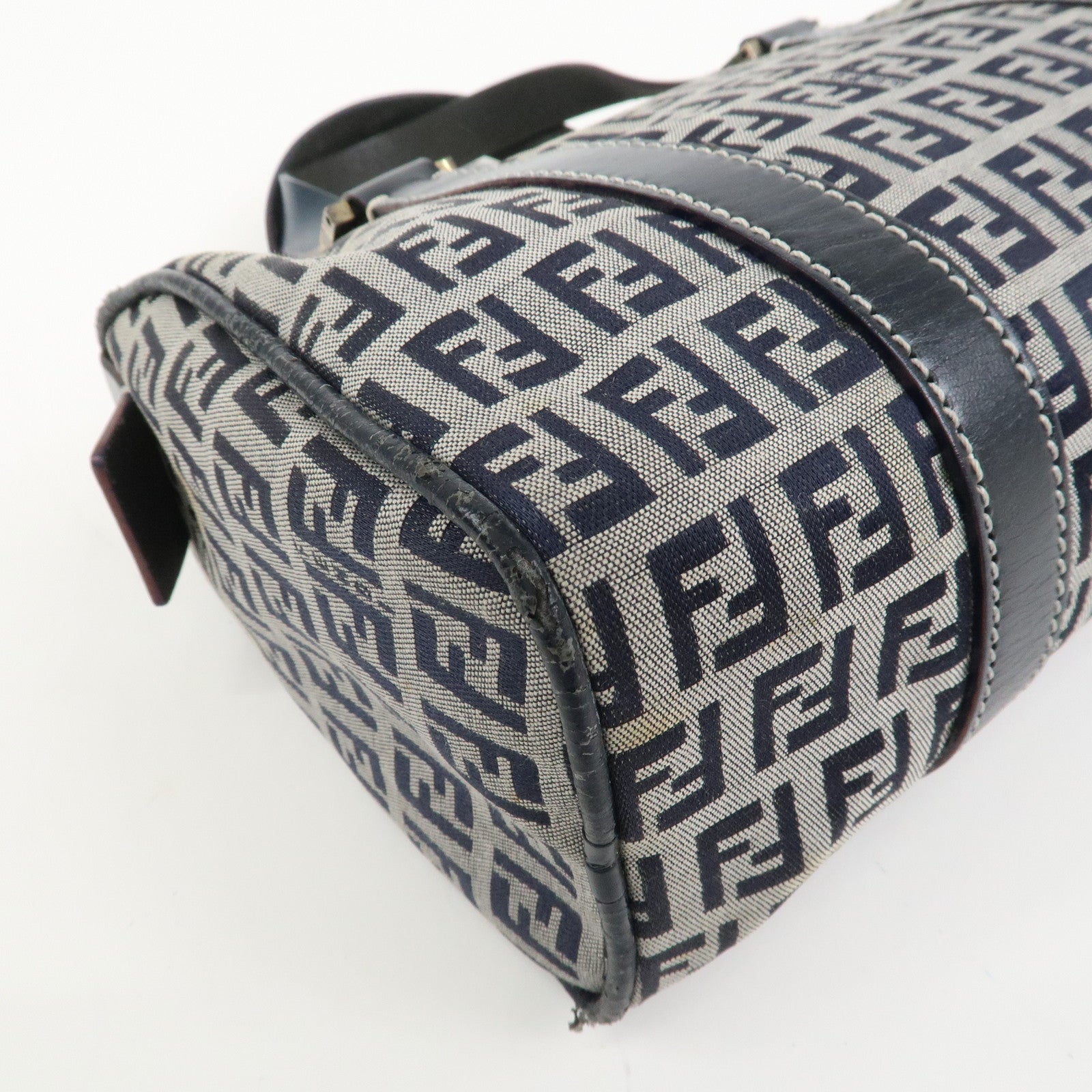FENDI Zucchino Canvas Leather Hand Bag Mini Boston Bag Navy 16327
