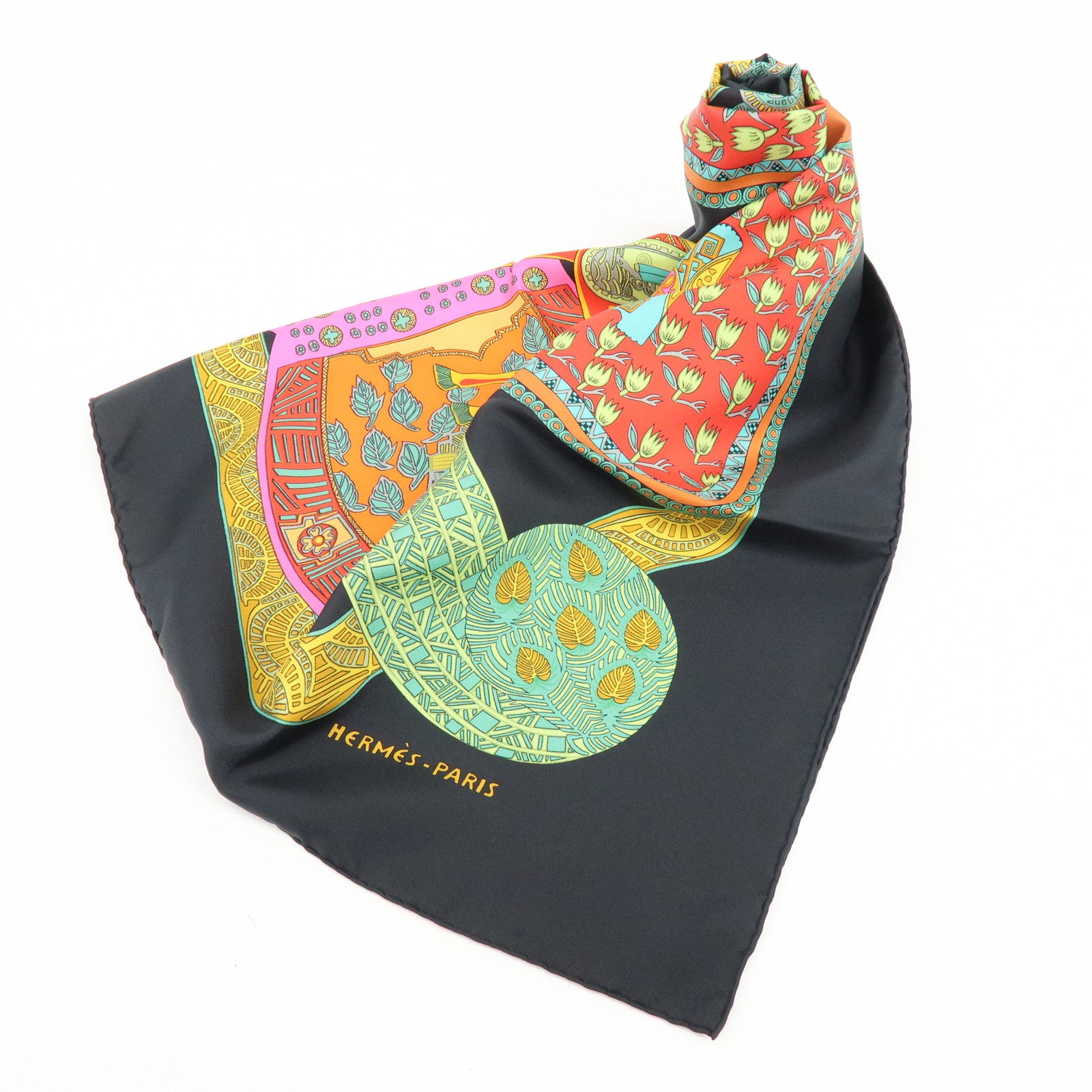 HERMES Carre 90 Silk 100% Scarf ART des STEPPES Horse Print Black