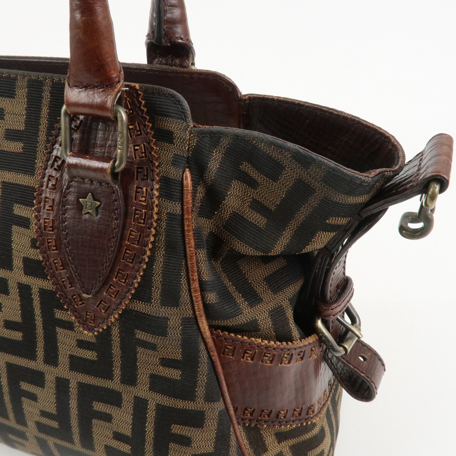 FENDI Ethnico Zucca Canvas Leather Tote Bag Shoulder Bag 8BN157