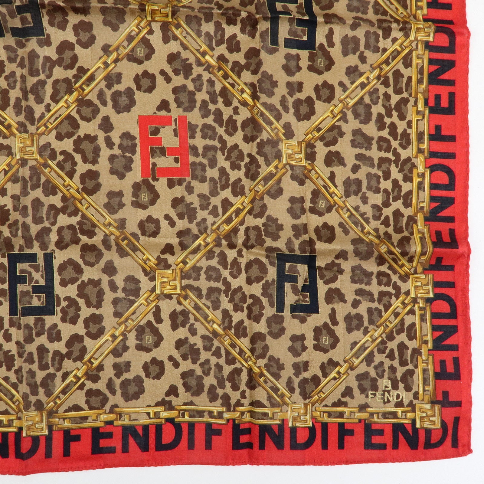 FENDI Cotton Scarf 57x57 Leopard Chain Motif Brown Red