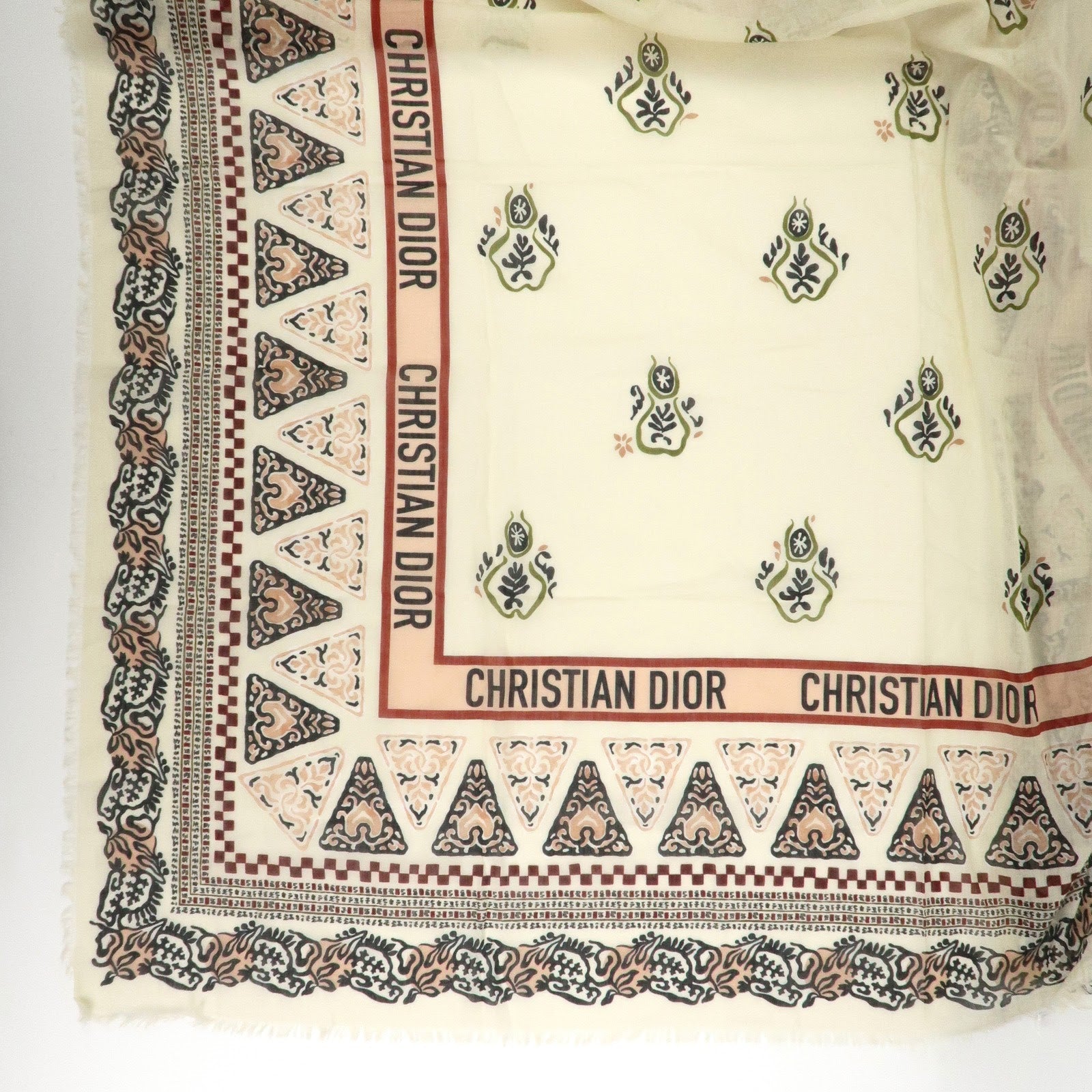 Christian Dior Logo Cotton 100% Scarf Geometric Motif Ivory Red