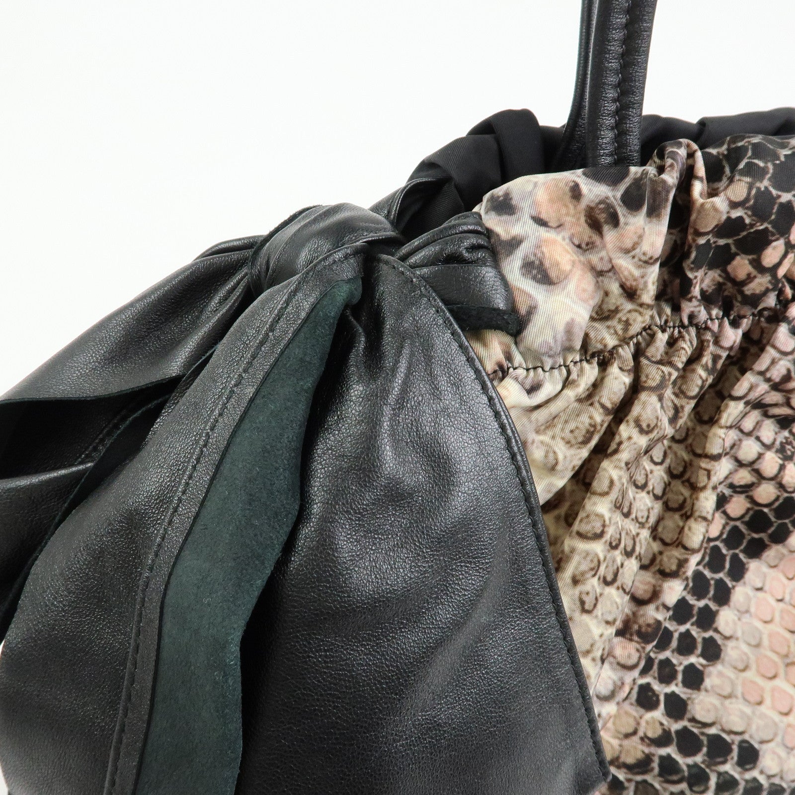 Prada Nylon Leather Ribbon Python Print Tote Bag Black Pink BR4206