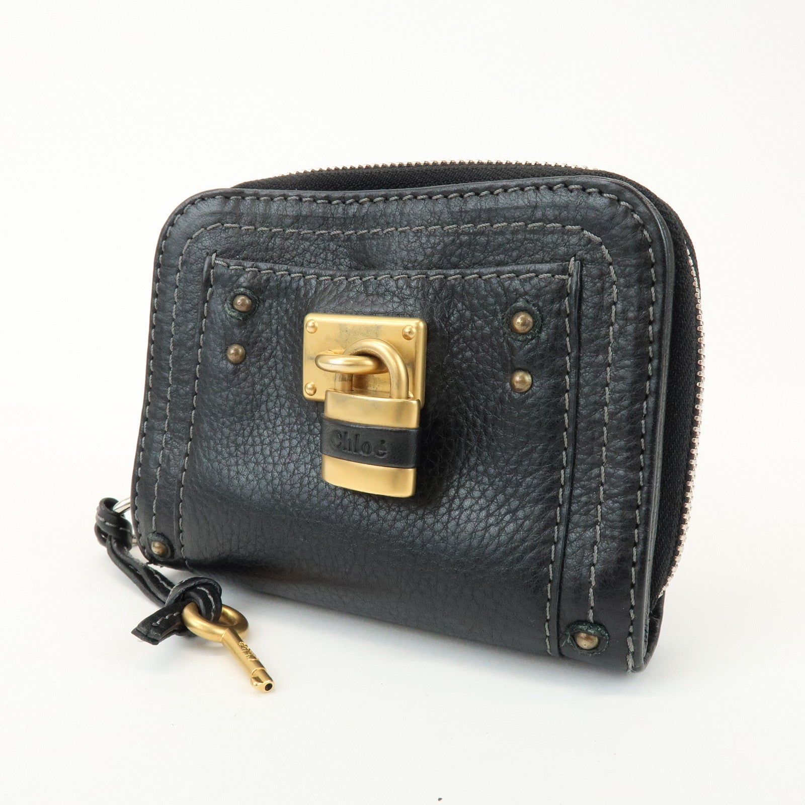 Chloe Logo Leather Round Zippy Compact Wallet Black