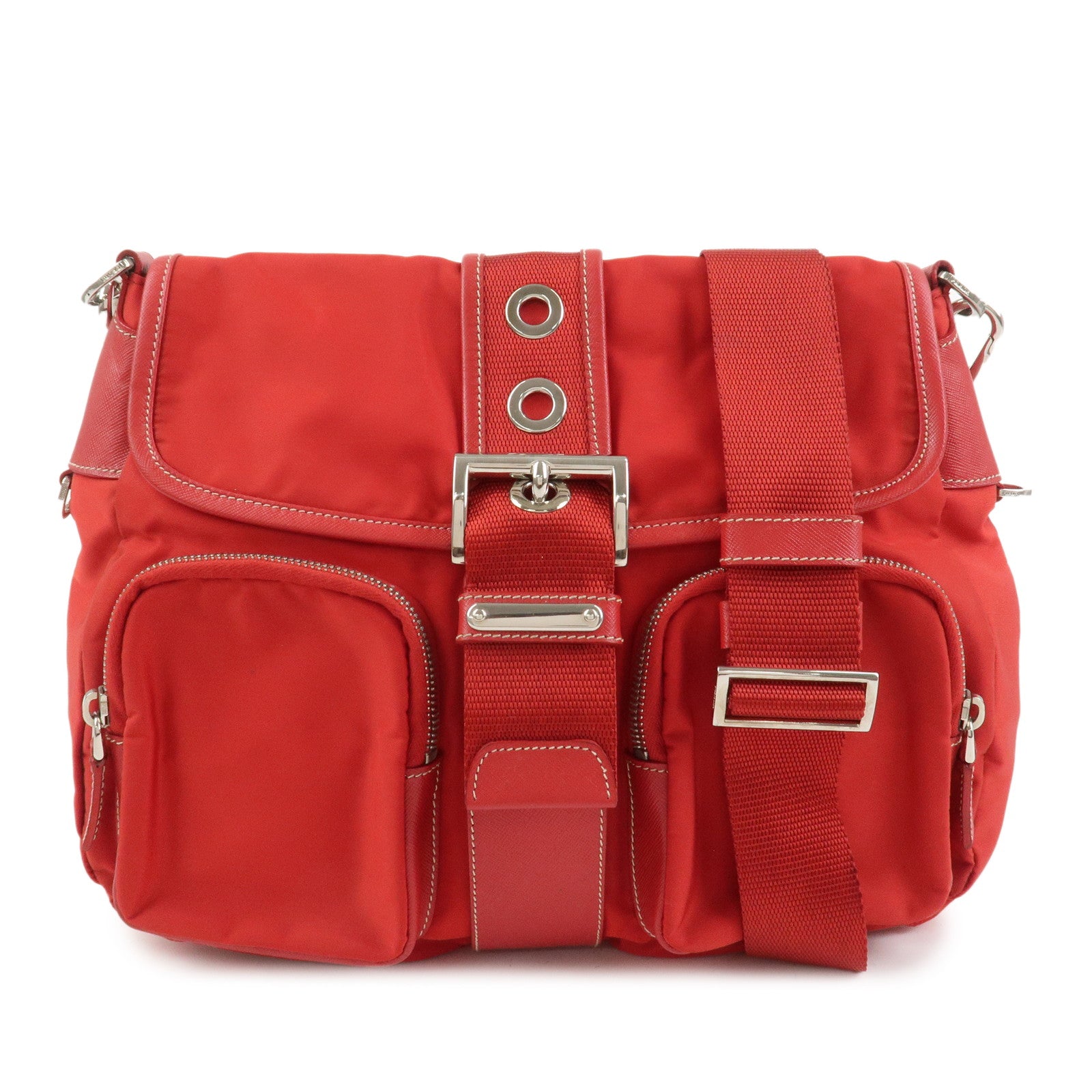 PRADA Triangle Logo Nylon Saffiano Leather Shoulder Bag Red BT0436