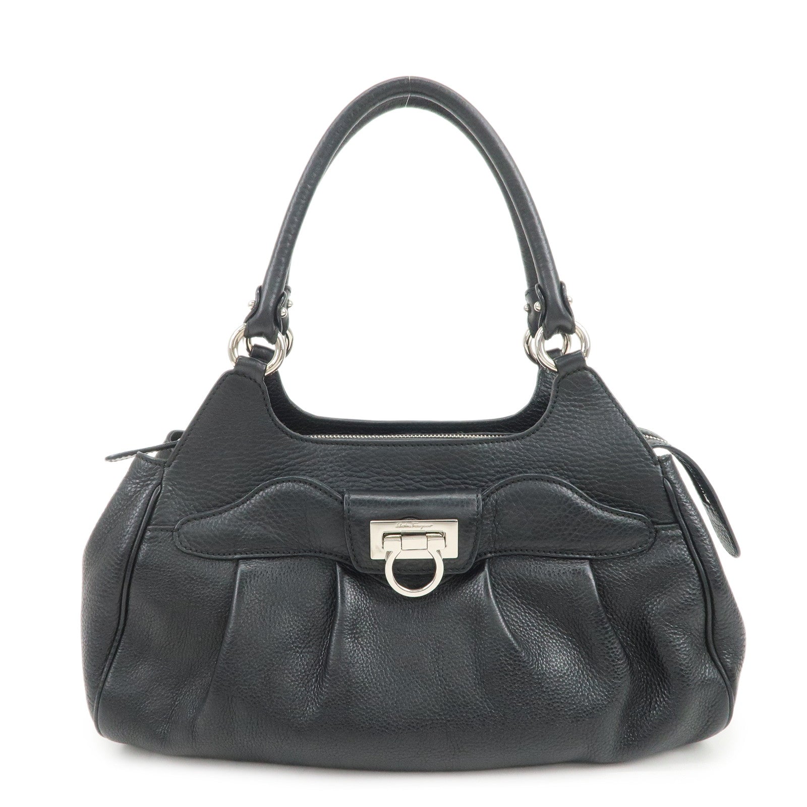 Ferragamo Gancini Leather Hand Bag Shoulder Bag Black Silver