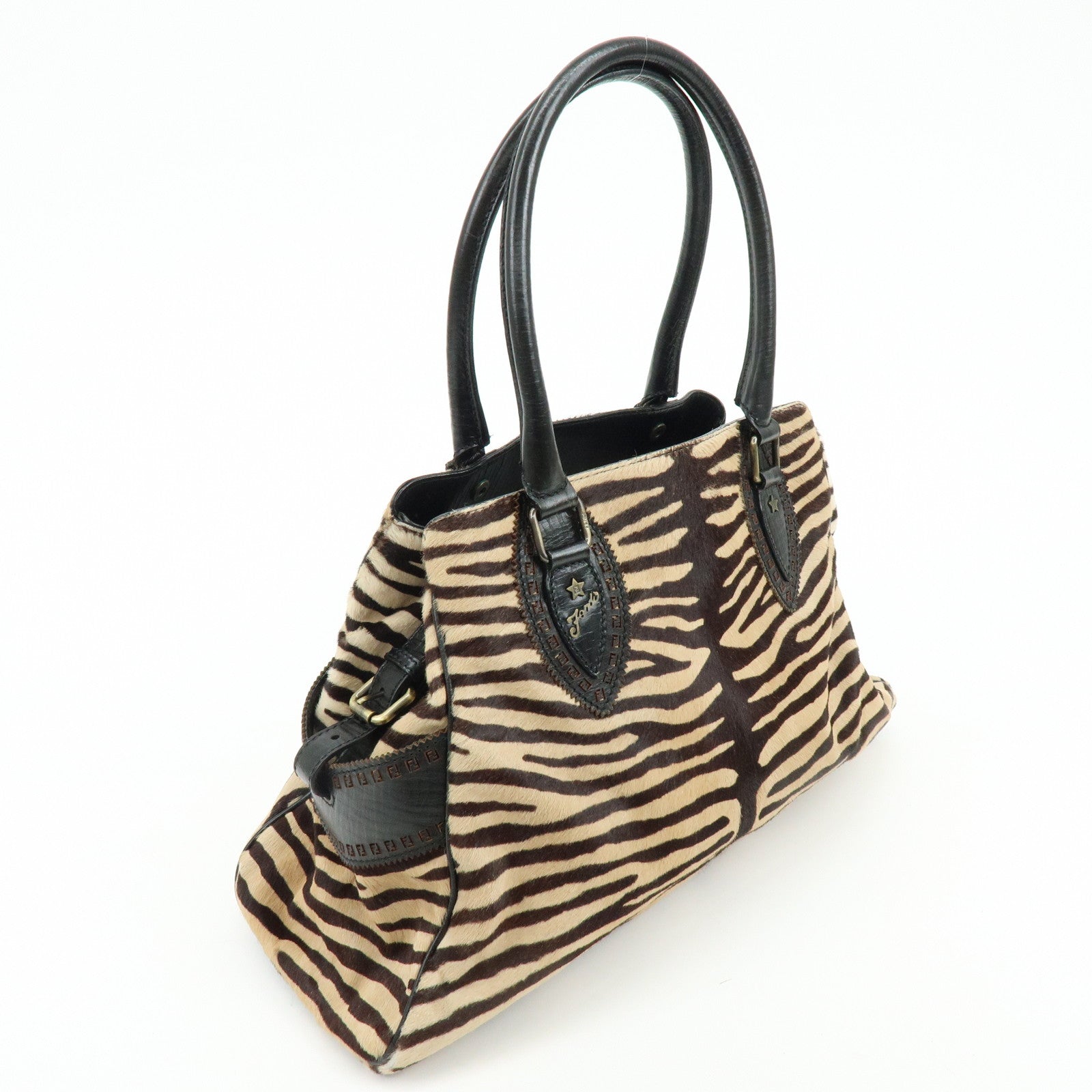 FENDI Etnico Calf Hair Leather Tote Bag Shoulder Bag Brown 8BN162