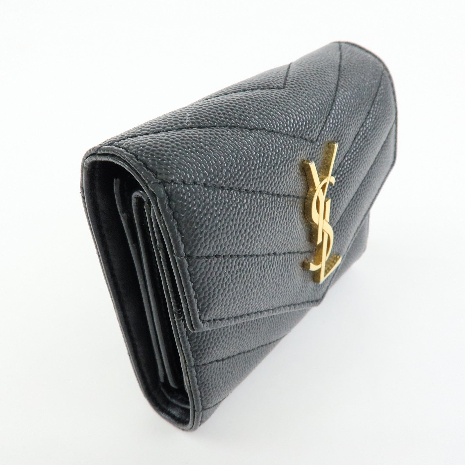 SAINT LAURENT PARIS Cassandra Leather Compact Wallet Black 692061