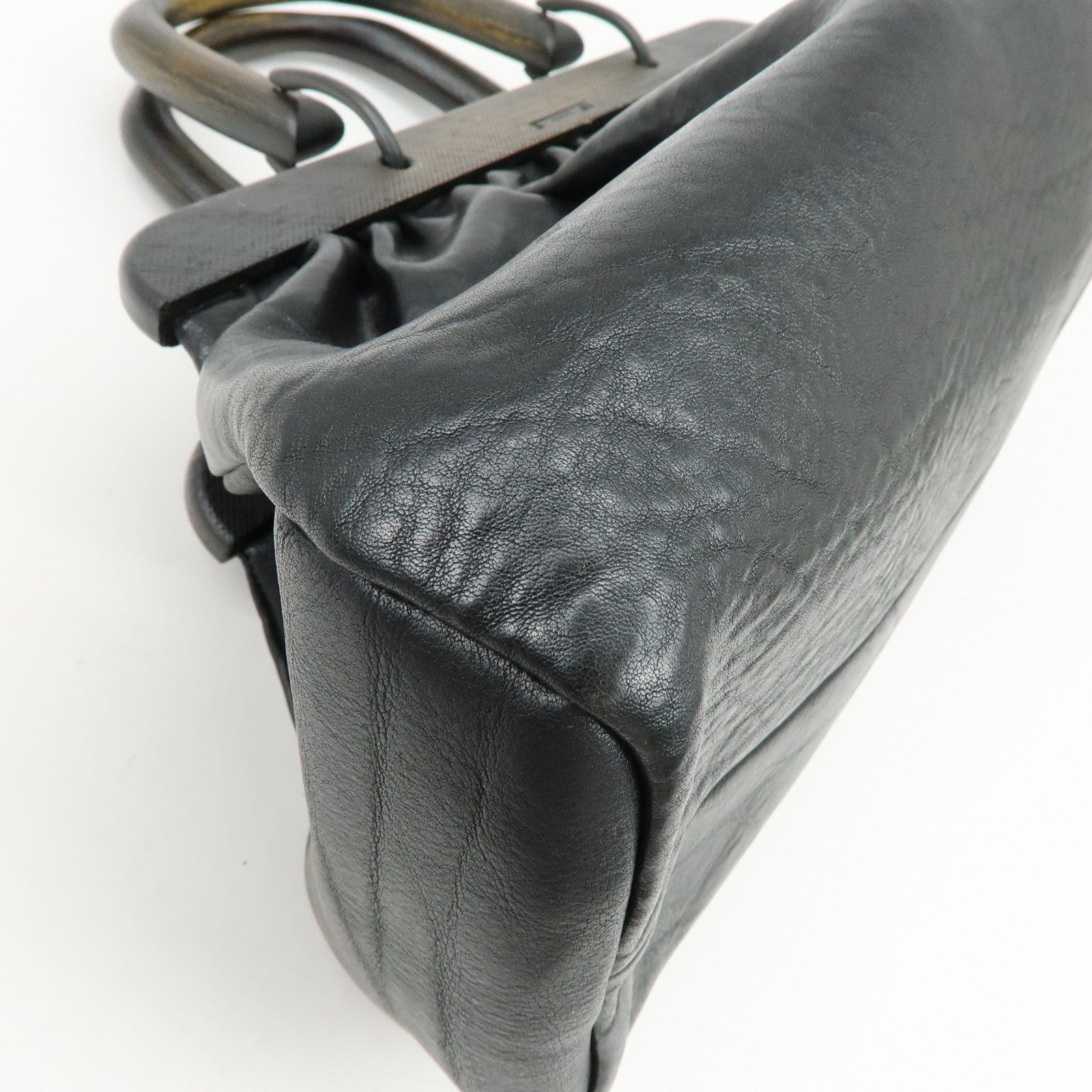 GUCCI Leather Wood Hand Bag Doctor Bag Black 105377