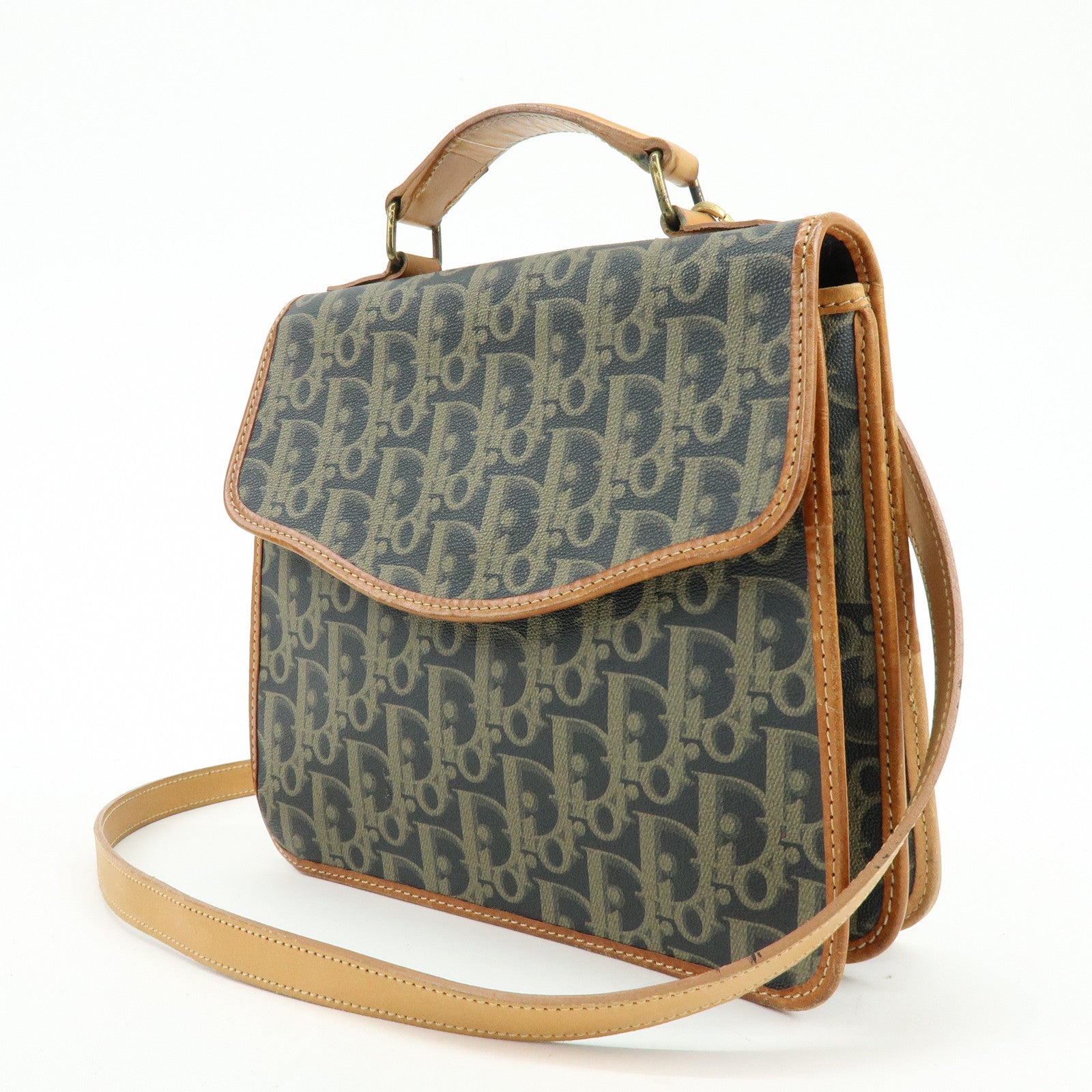 Christian Dior Trotter PVC Leather 2Way Bag Shoulder Bag Navy Brown