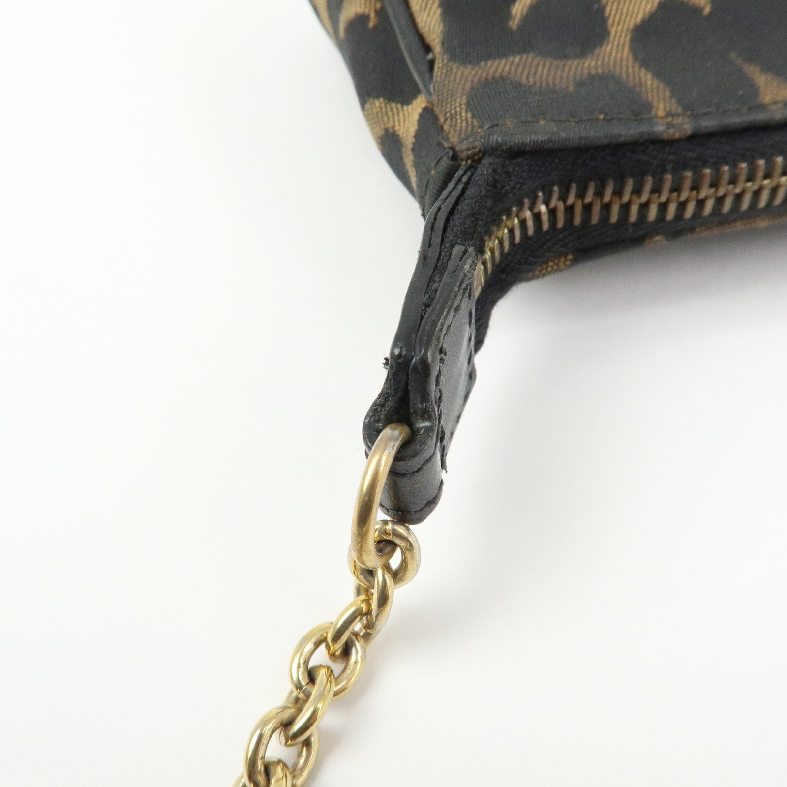 FENDI Canvas Leather Leopard Chain Hand Bag Brown Black 8M0264