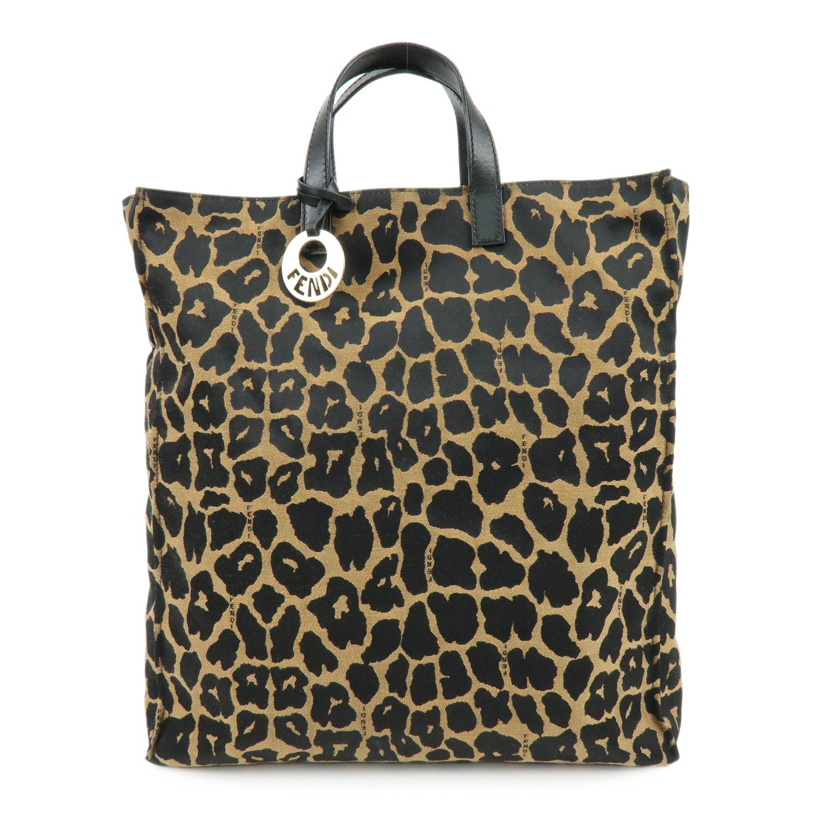 FENDI Canvas Leather Tote Bag Hand Bag Leopard Brown Black 8BH173