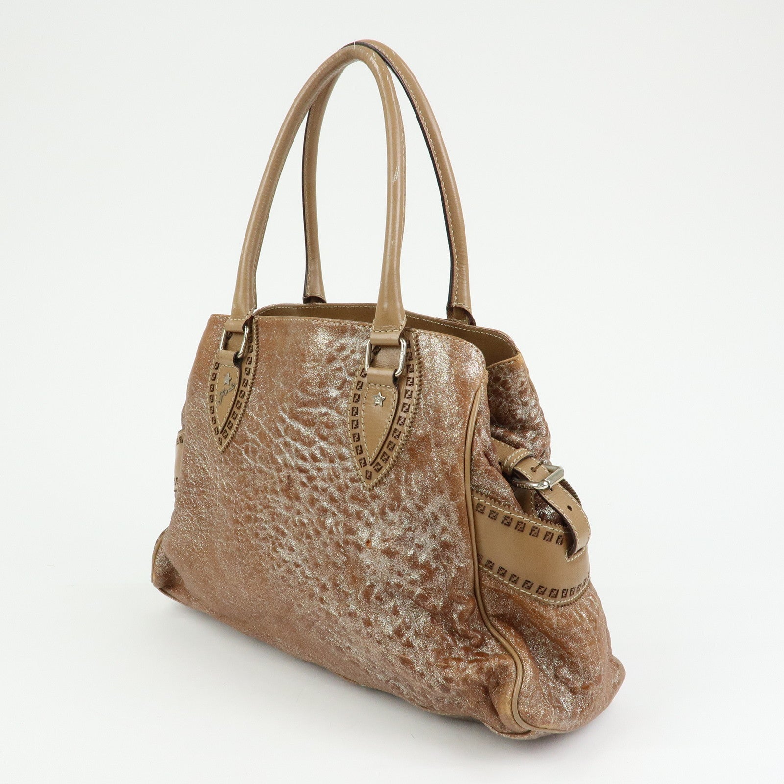 FENDI Ethnico Leather Tote Bag Shoulder Bag Camel 8BN162