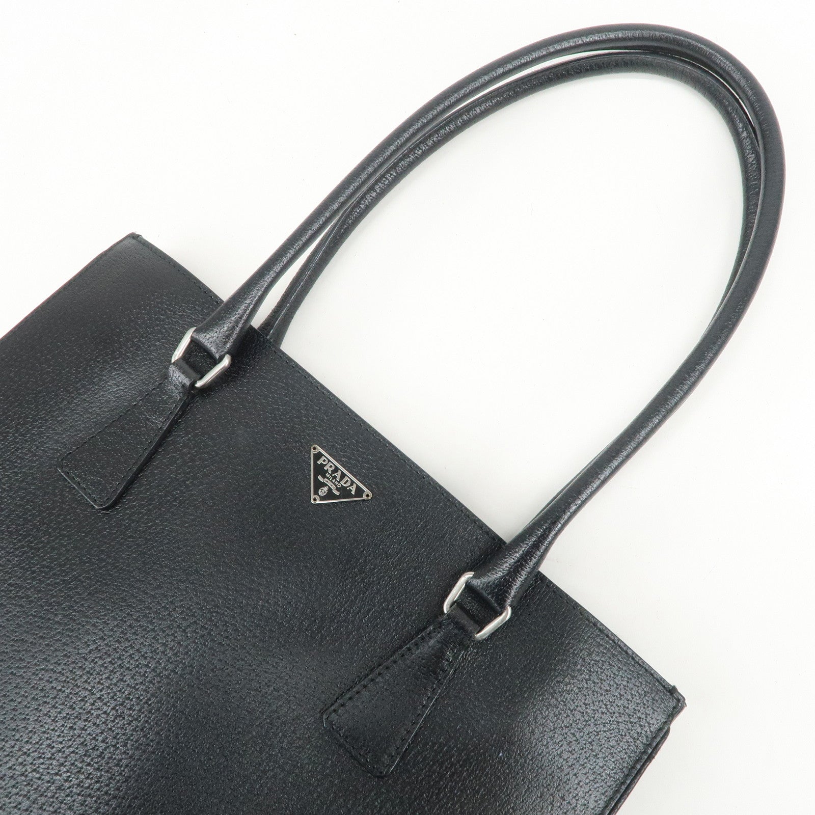 PRADA Triangle Logo Leather Tote Bag Shoulder Bag Black BR0394
