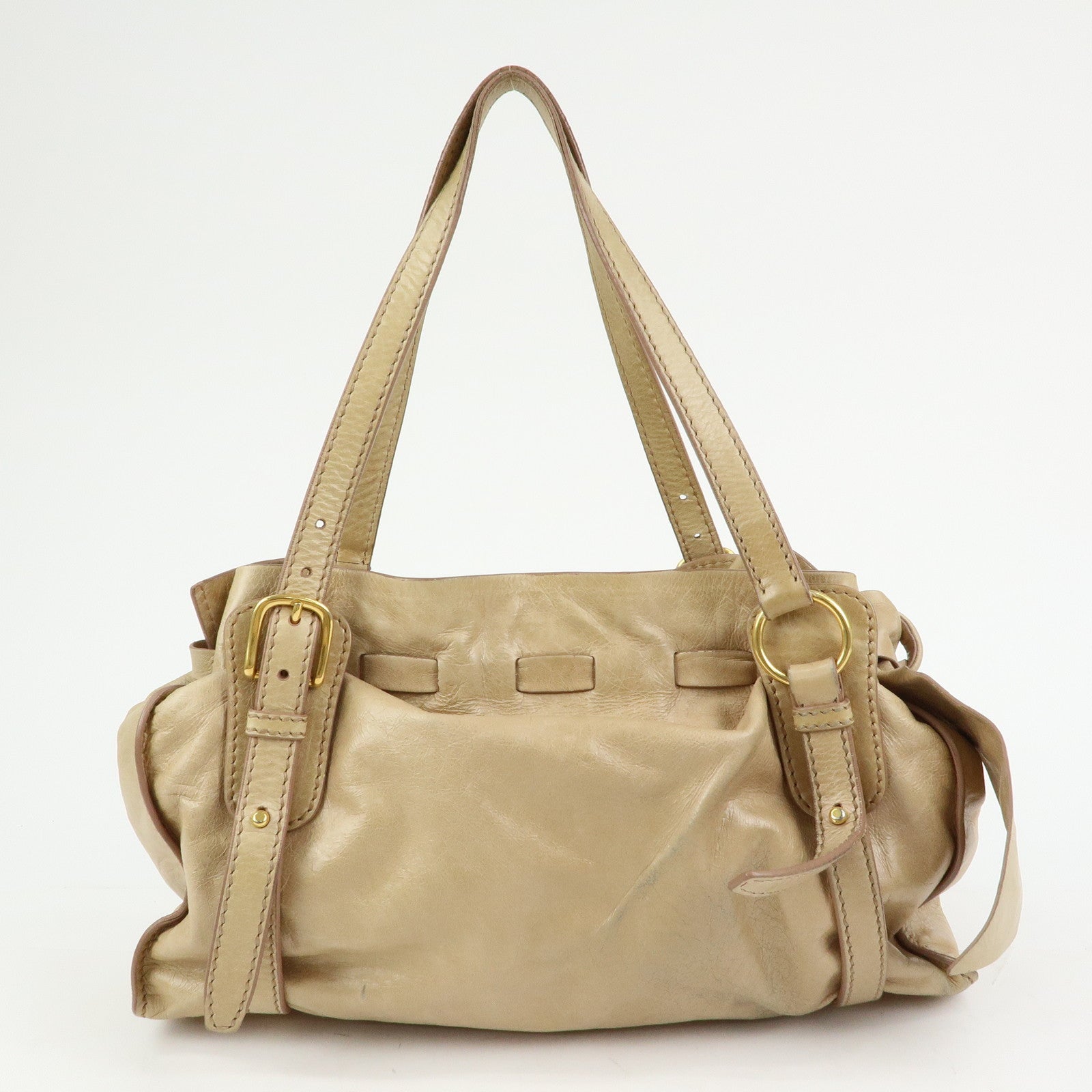 MIU MIU Logo Side Ribbon Leather Shoulder Bag Tote Bag Beige