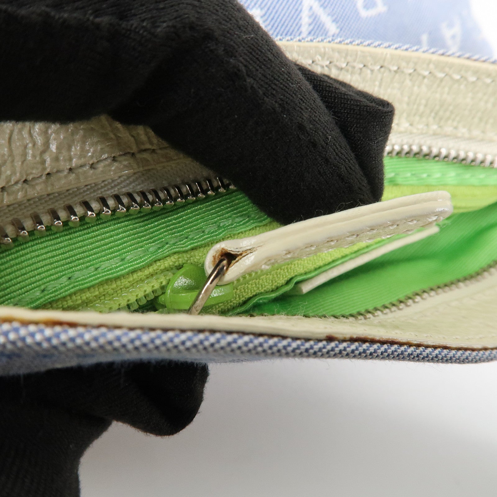 BVLGARI Logo Mania Leather Canvas Shoulder Bag Ivory Light Blue Used