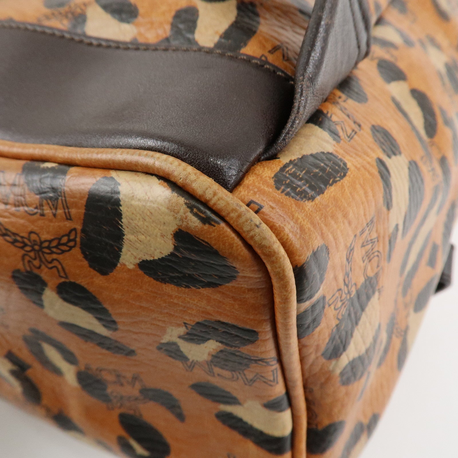 MCM Visetos Leather Leopard Back Pack Black Beige Brown Gold HDW Used