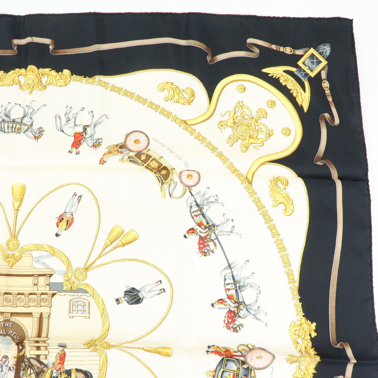 HERMES Carre 90 Silk 100% Scarf THE ROYAL MEWS Black White