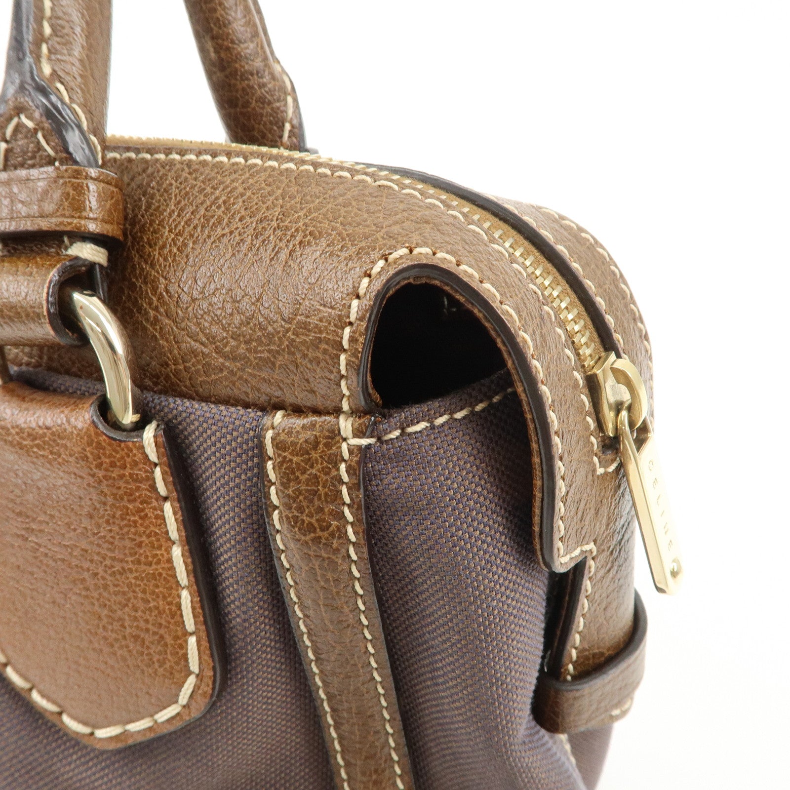 CELINE Leather Canvas Hand Bag Sulky Print Brown Used