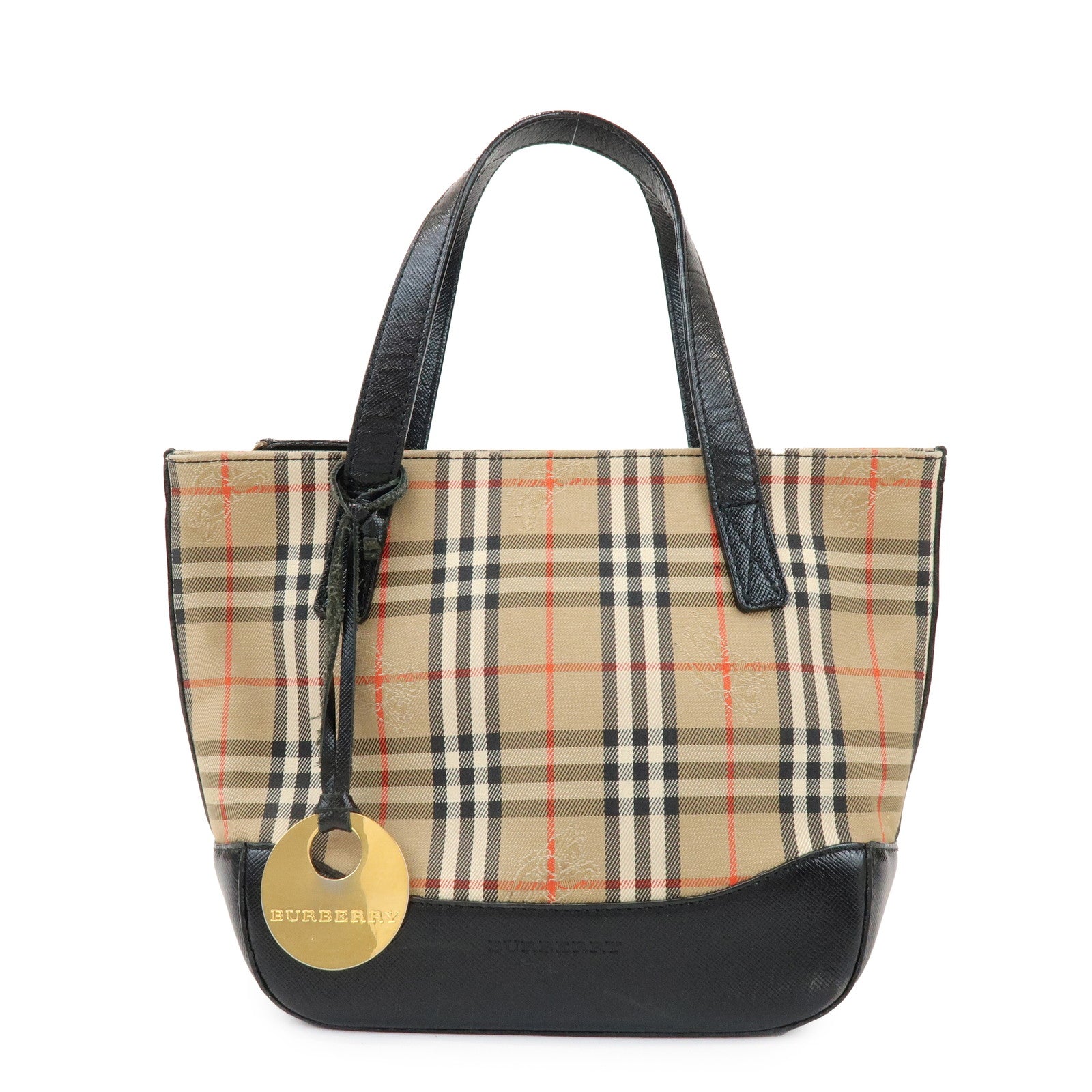 BURBERRY Nova Plaid Canvas Leather Small Hand Bag Black Beige