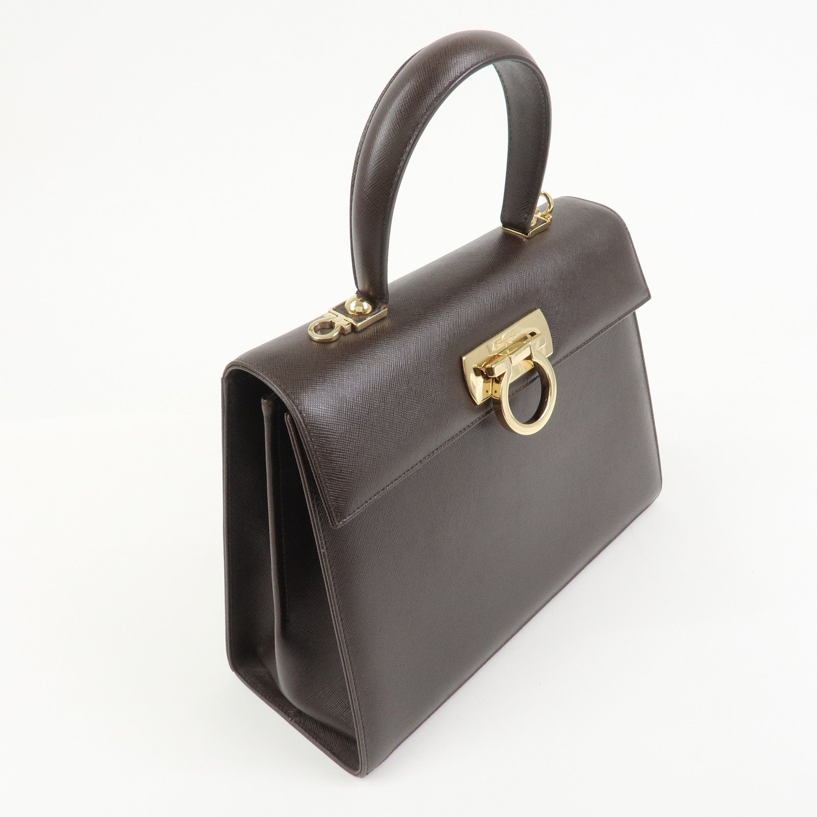 Ferragamo Gancini Leather 2Way Bag Hand Bag Shoulder Bag Dark Brown