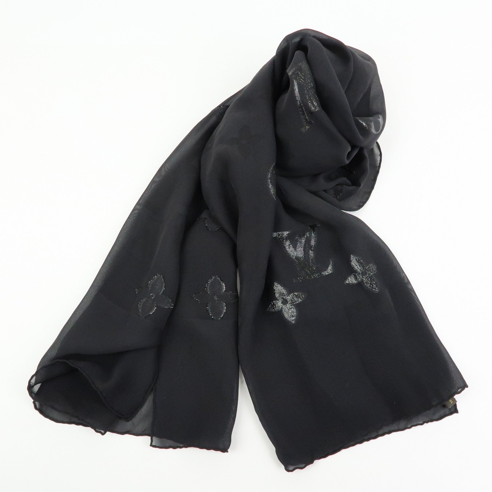 Louis Vuitton Silk Nylon Scarf Shawl Glitter Black