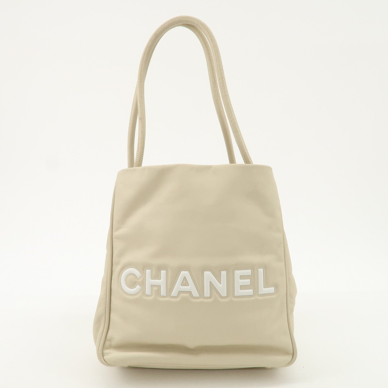 CHANEL Cameria Leather Tote Bag Shoulder Bag Beige White A20856 Used