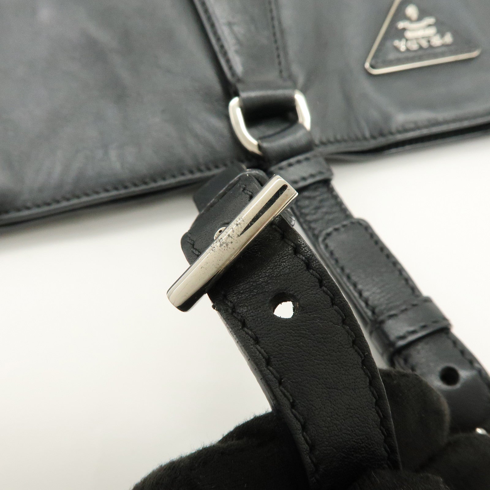 PRADA Triangle Logo Leather Tote Bag Shoulder Bag Black BR5033
