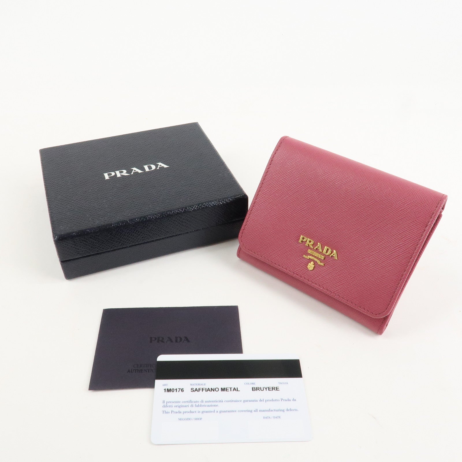 PRADA Logo Saffiano Leather Tri-fold Compact Wallet Pink 1M0176 Used