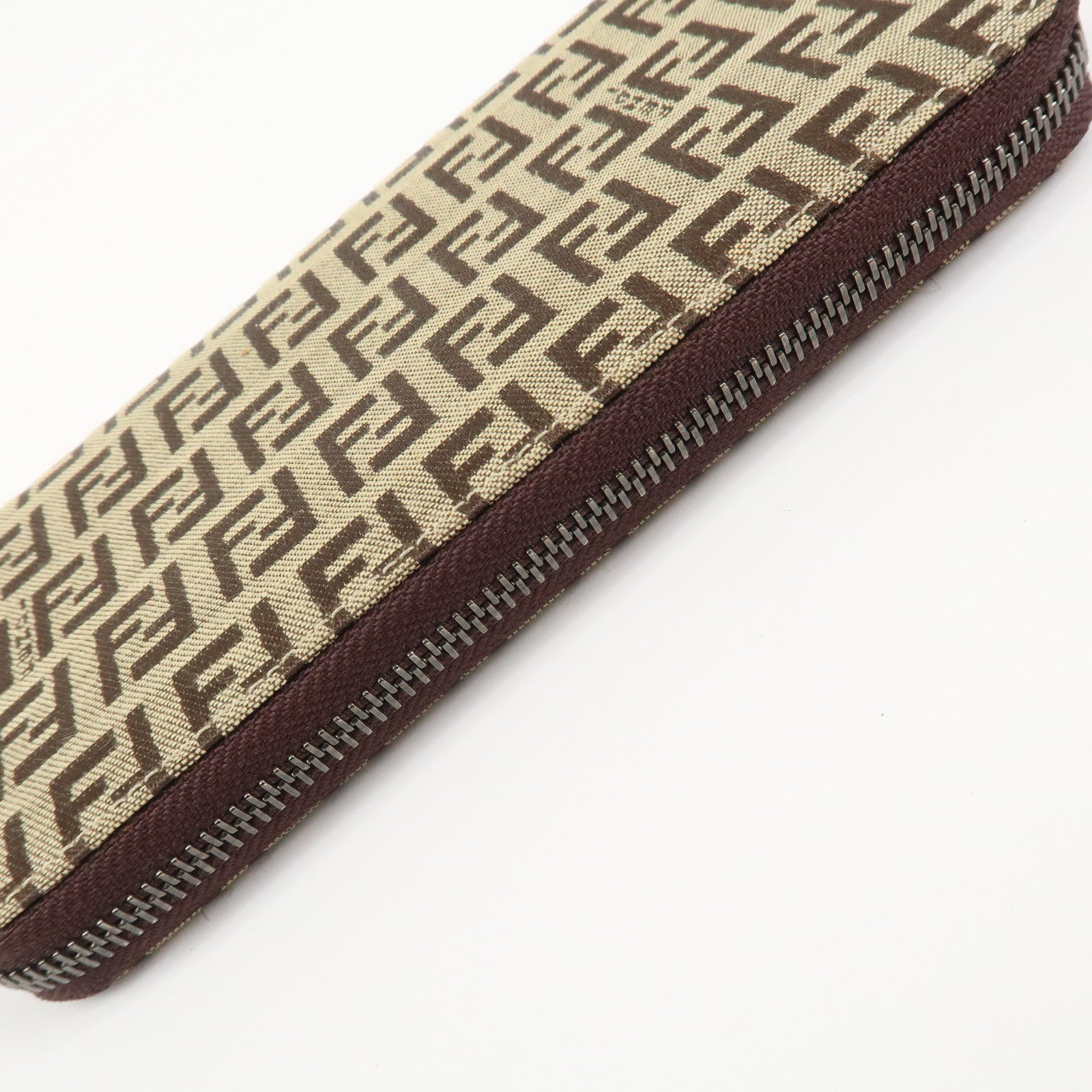 FENDI Zucchino Canvas Leather Round Zippy Long Wallet Brown 8M0024