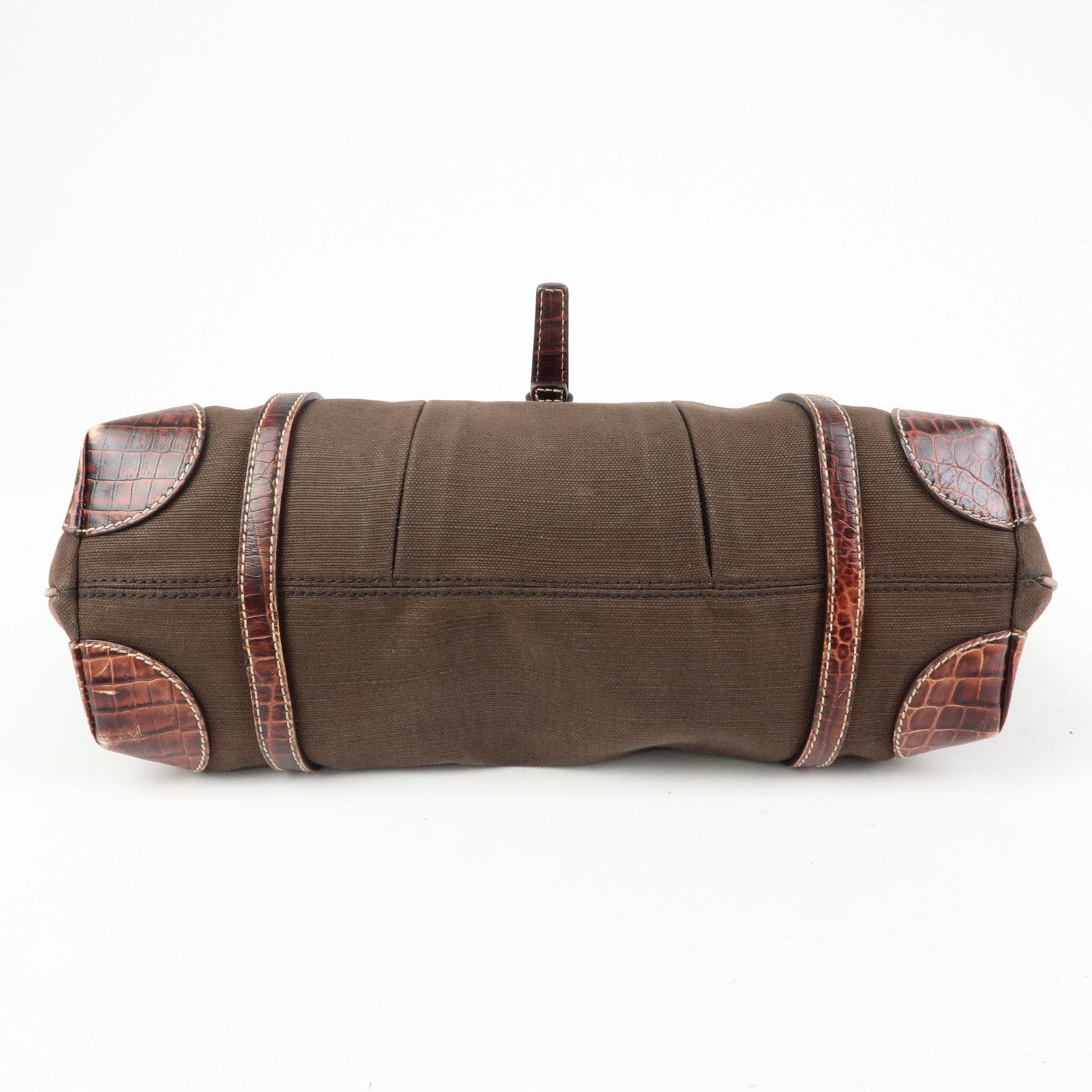CELINE Logo Canvas Embossed Leather Tote Bag Hand Bag Brown